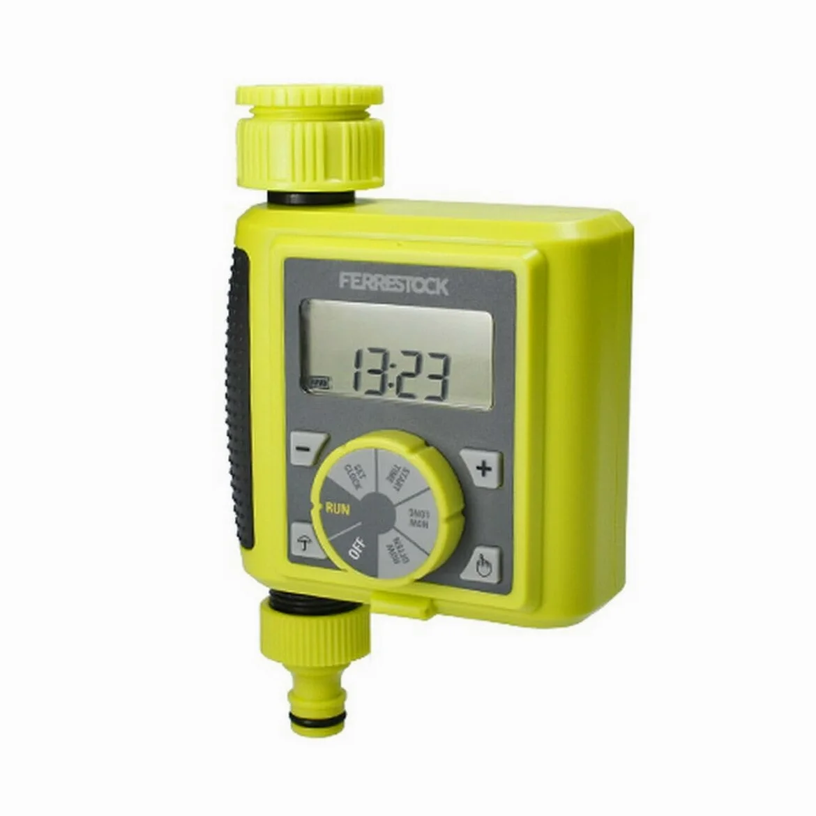 Ferrestock FSKPRO003 programador de riego digital, regula frecuencia y duración del riego, riego manual, programas cortos, botón DELAY, rosca superior de 3/4” y salida con racor rápido