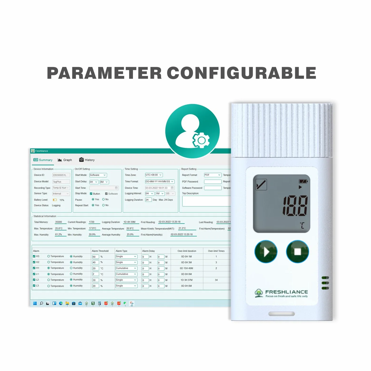 Freshliance - Registrador de datos de temperatura y humedad, grabadora de humedad de temperatura reutilizable por USB con informe PDF CSV, termómetro digital para refrigerador y higrómetro para 35000