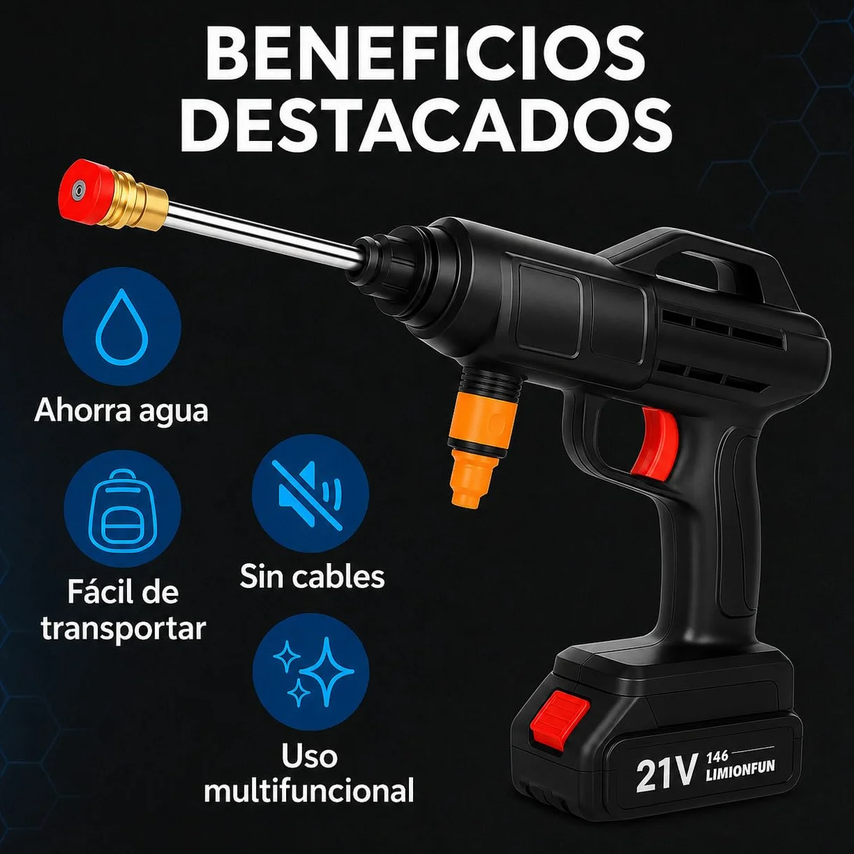 Pistola hidrolimpiadora de 300W para múltiples usos Limpiador inalámbrico de Alta presión con Accesorios Lavadora Alta presión portátil Incluye 2 baterías
