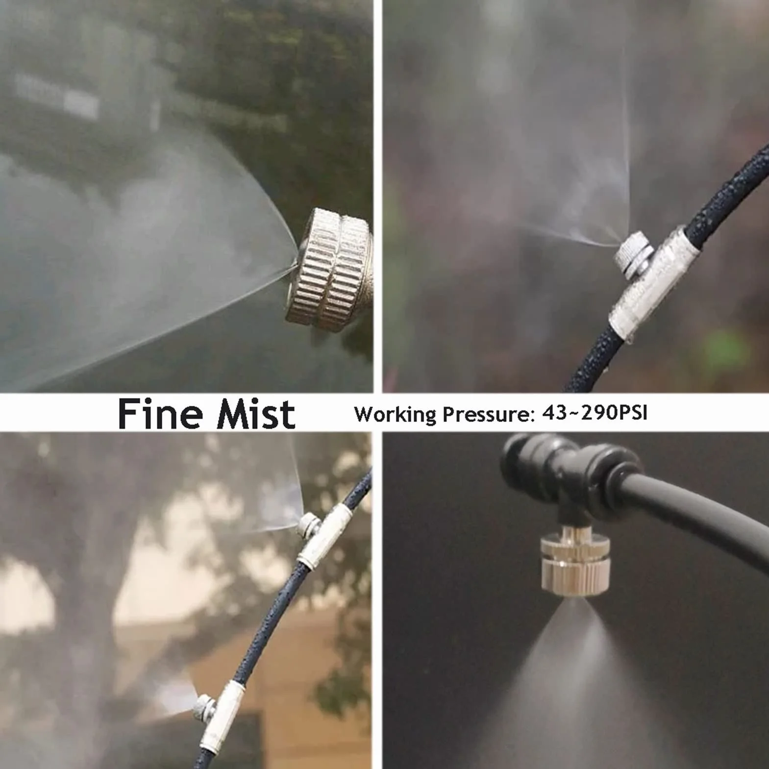 Boquillas de nebulización de latón de baja presión con forma de abanico y conectores en T de 1/4'' para sistemas de refrigeración, boquilla de niebla plana tipo abanico para rociar agua en patios y