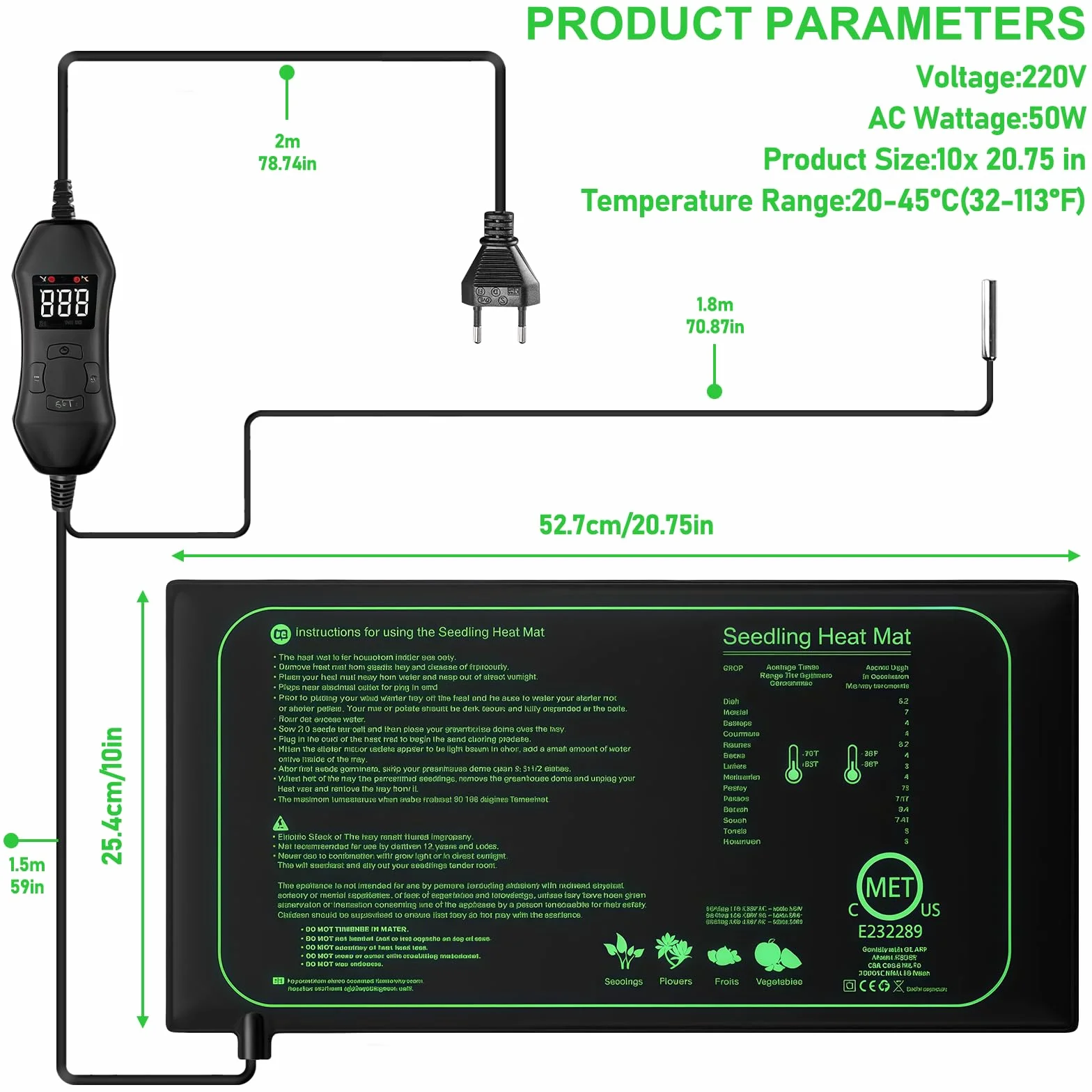 Estera calefactora para plantas: 25 x 53 cm Estera calefactora para plántulas, controlador de termostato para la germinación de planta, almohadilla calefactora para invernaderos y para reptiles