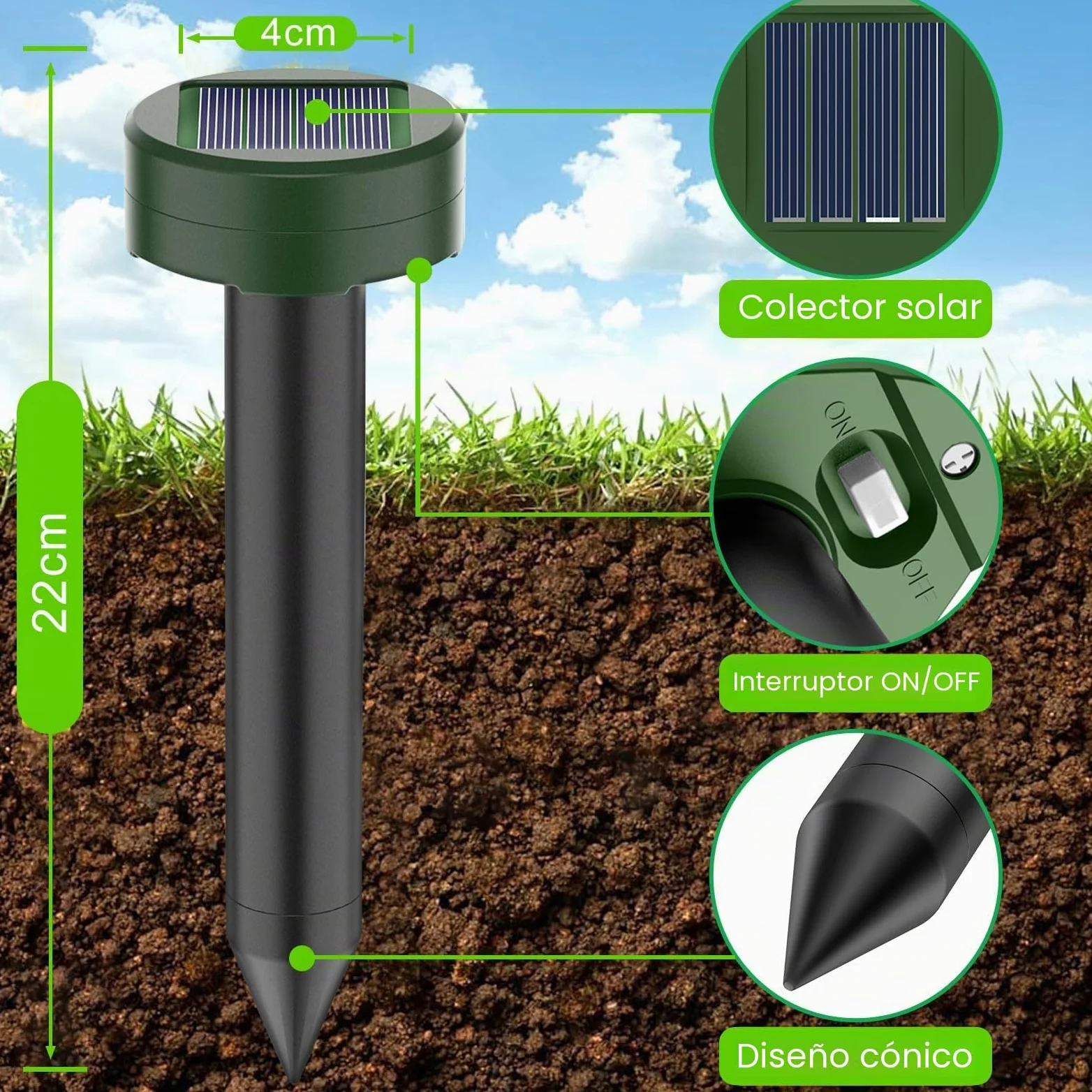 Ahuyentador de Ratas 8 Piezas, Repelente Ratas Ultrasonido Exterior, Ahuyentador de Topos y Ratones Solar, IP65 Impermeable, Anti Topos,Serpientes, Ratones