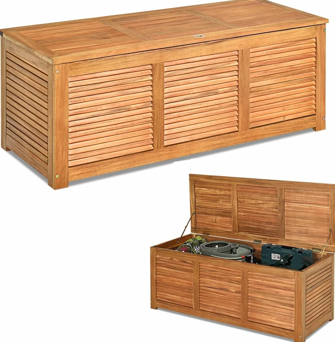 GOPLUS Baúl Almacenaje Exterior de Madera Acacia, Banco Contenedor con Capacidad 178L carga 150 kg, Caja de Almacenamiento con Tapa, Arcón para Jardín Patio Terraza Balcón, 120x45x45cm, Natural