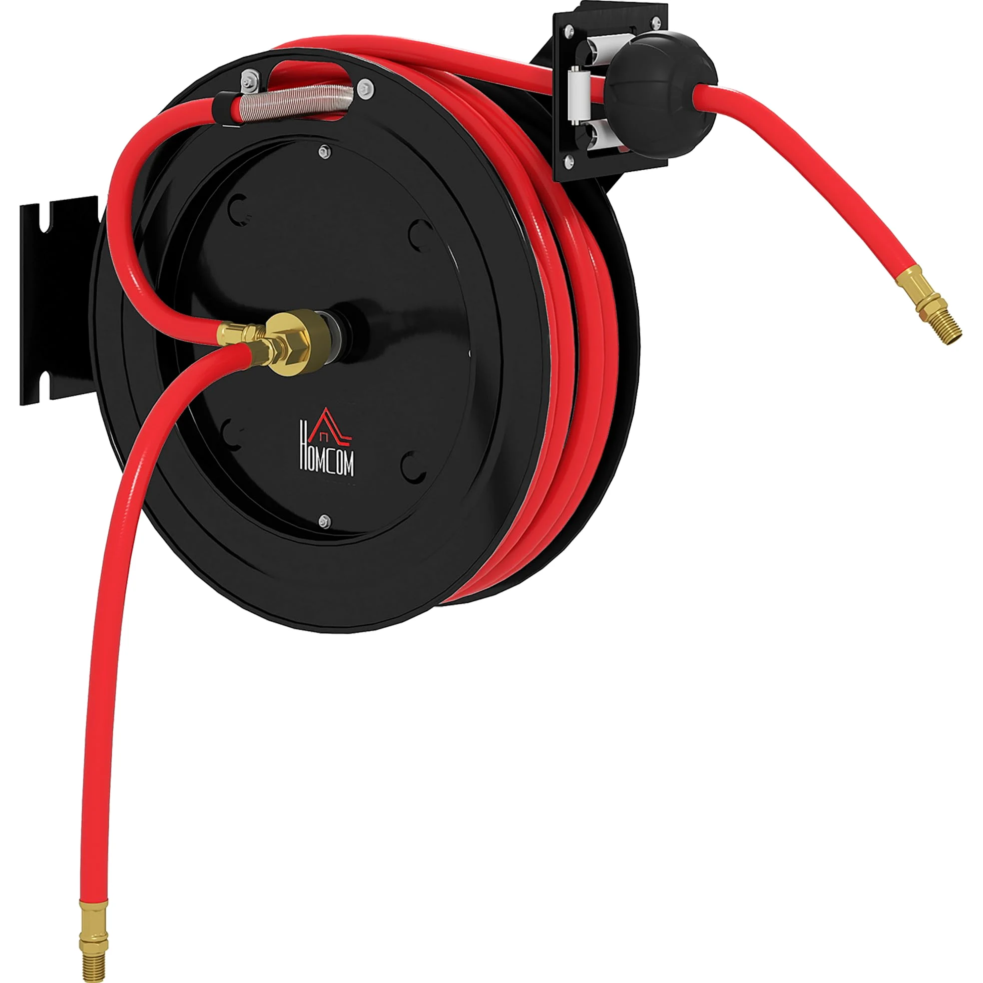 HOMCOM Carrete manguera aire automático 15m+1m | Conexión 1/4", 9,5x15,8mm, máx 20 bar, freno manguera, carrete con soporte pared.