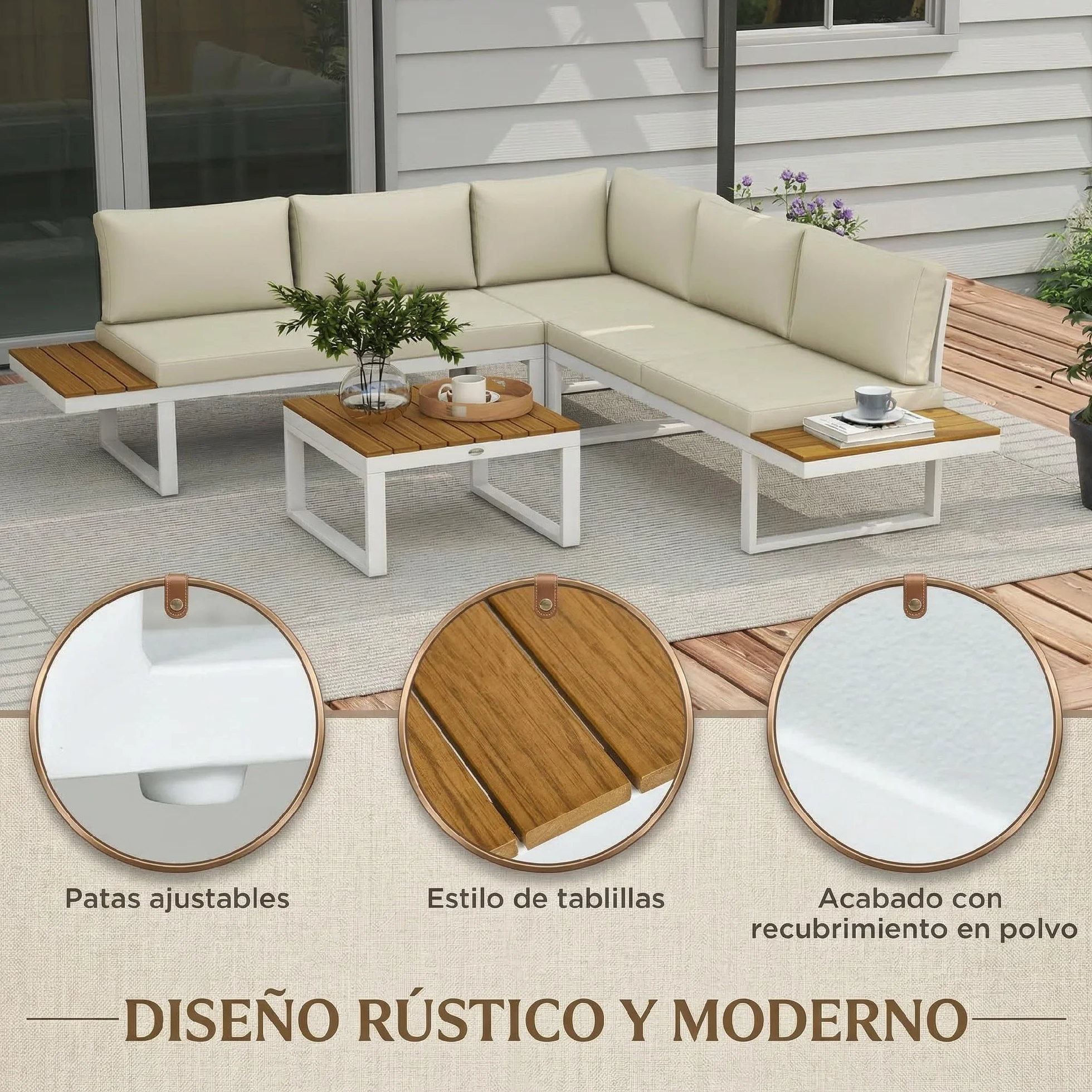 Outsunny Conjunto de Muebles de Jardín Exterior 4 Piezas Juego de Muebles de Terraza Incluye 2 Sofás Dobles 1 Sofá Esquinero Reclinable y Mesa de Centro Mesita Lateral con Cojines para Patio Crema