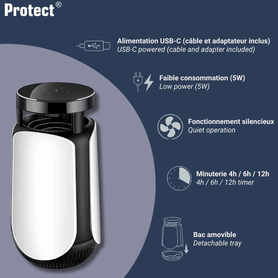 Trampa antimosquitos de succión con lámpara UV LED 365 nm, exterminador de insectos silenciosos, cobertura 30 m², temporizador 4/6/12h, USB-C, 2 cebos incluidos