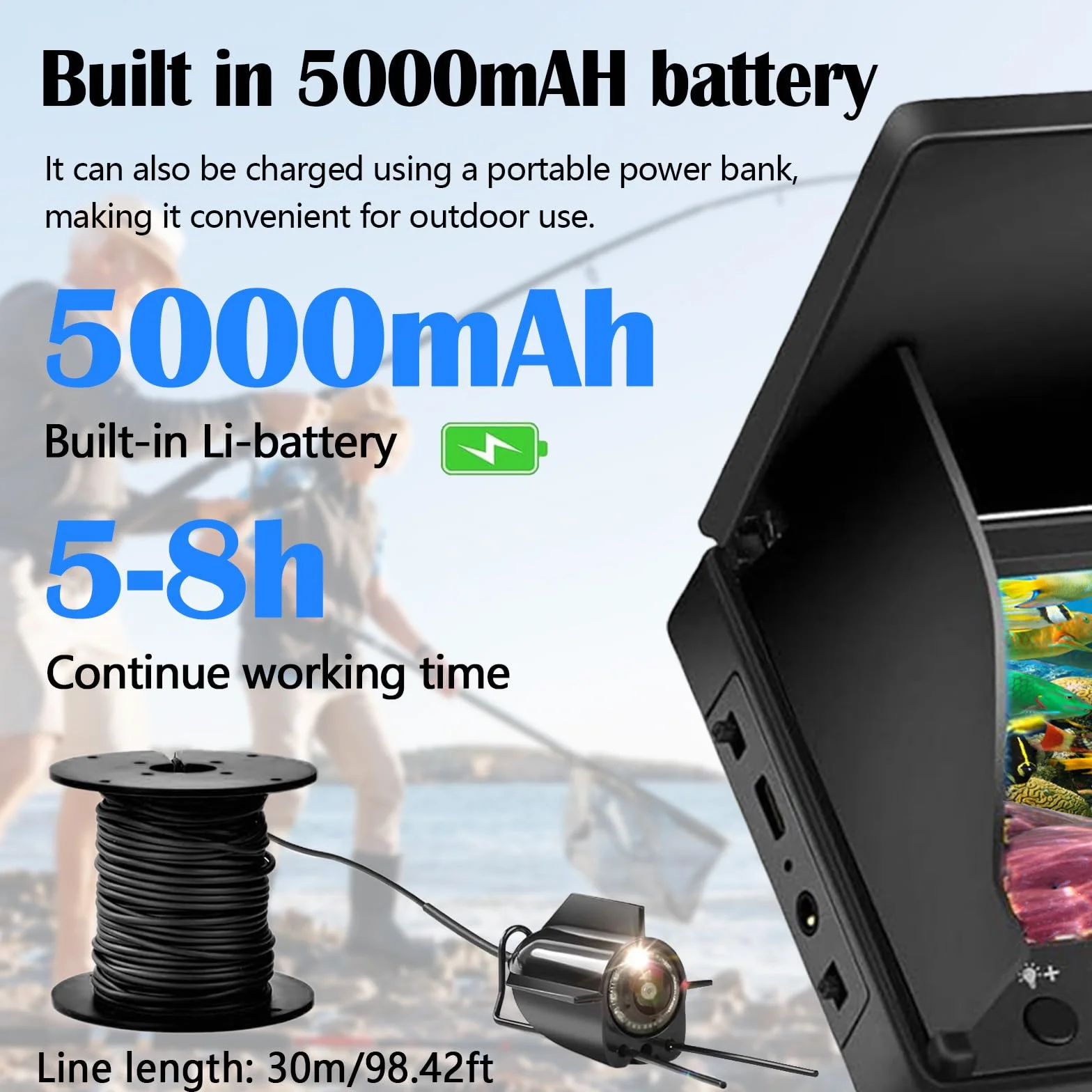 Cámara de Pesca Submarina IP65 Impermeable 5" Pantalla IPS 8000 mAh 30M Cable 220° Visión Nocturna Gran Angular