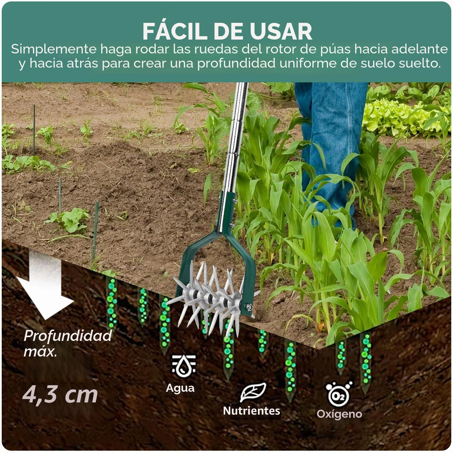 Yeelor Cultivador giratorio con mango ajustable S/S con dientes de metal sólido desmontables, cultivador de jardín, cultivador de césped y cultivador manual para aflojar y mezclar tierra
