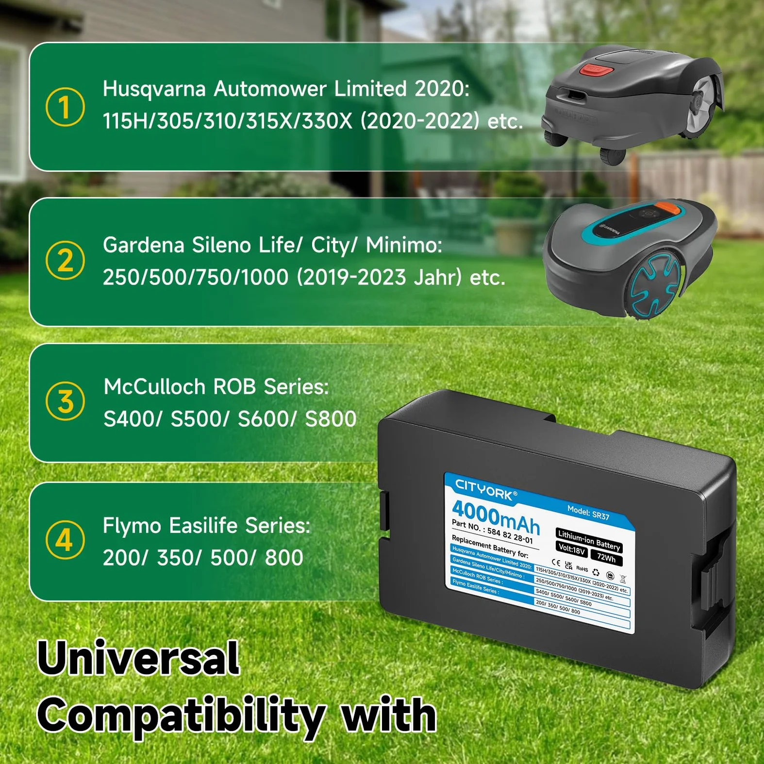 Batería para robot cortacésped Husqvarna Automower (año 2020-2022): 115H 305 310 315 315 315X, batería para Gardena Sileno Minimo 250/500, para Gardena Sileno City/Life:1000/1250/750/6000 (20 años) 19