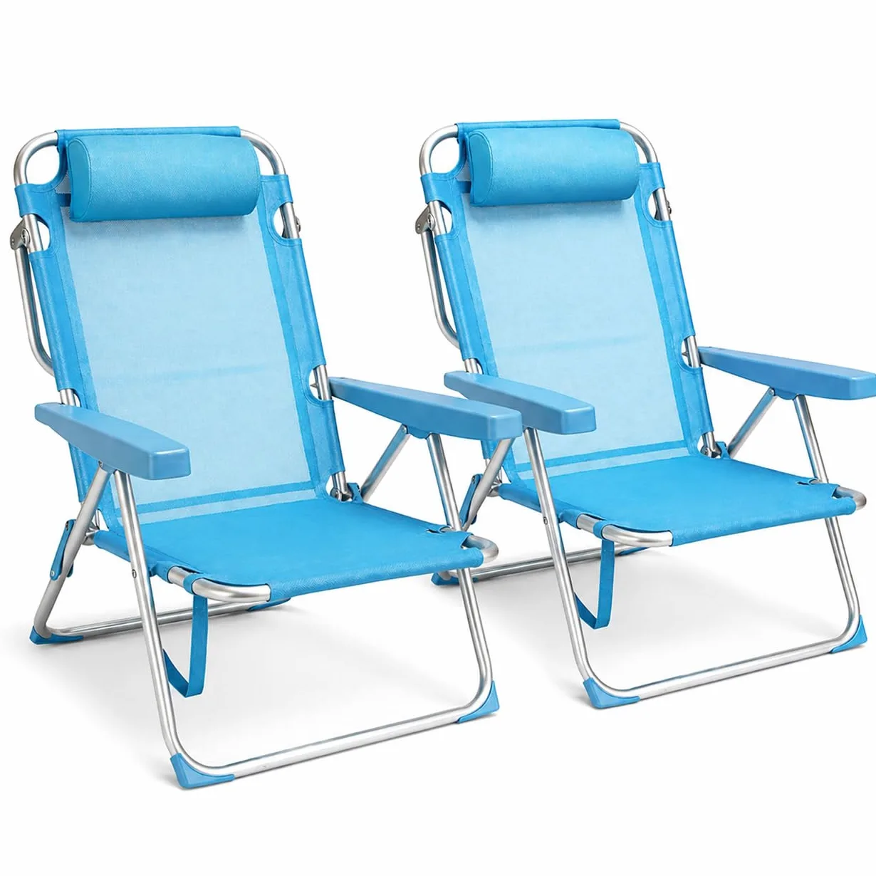 TIENDA EURASIA Pack 2 Sillas de Playa Plegables, Reclinables con 4 Posiciones, Refuerzo Antivuelco en Patas, Reposacabezas, Textileno, Azul Turquesa, 48x62x85 cm