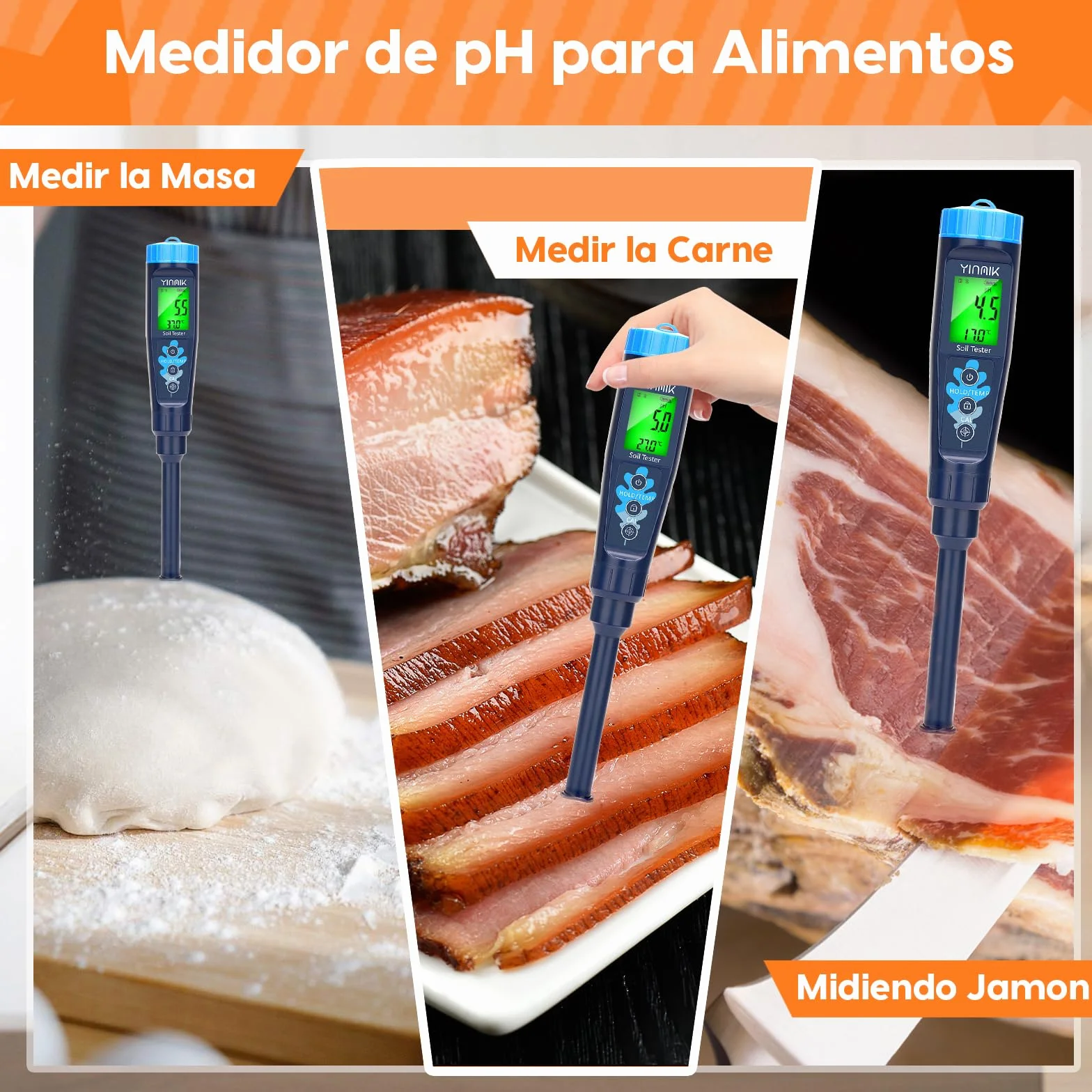 YINMIK Medidor de pH del Suelo, probador Digital de pH del Suelo y la solución, pH medidor Profesional para medir Alimentos, Agua, Carne, Cerveza elaboración, Piscina, Queso, Pan, Invernadero jardín