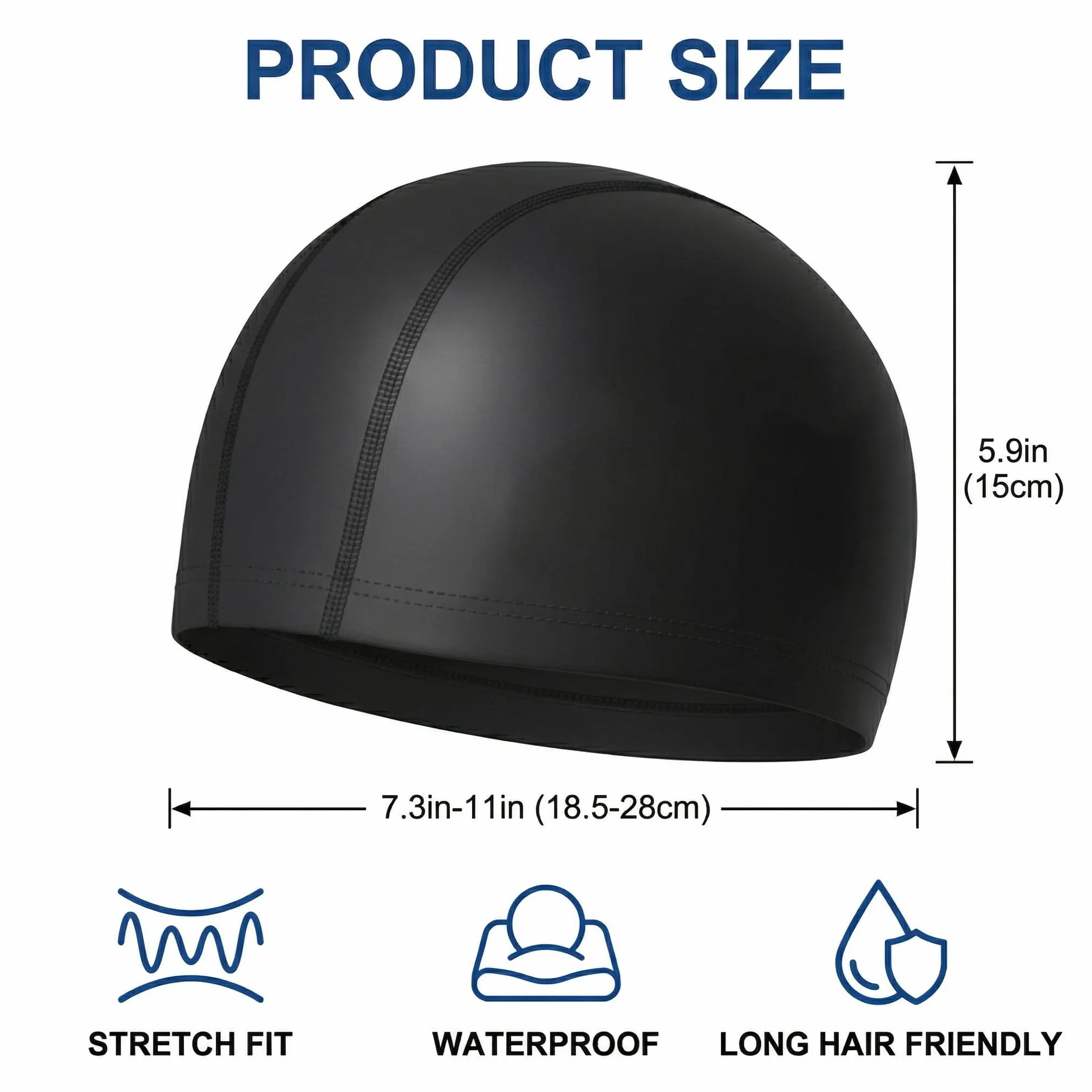 Gorros de piscina elásticos resistentes al agua para mujer y hombre, cabello largo, natación, azul + negro