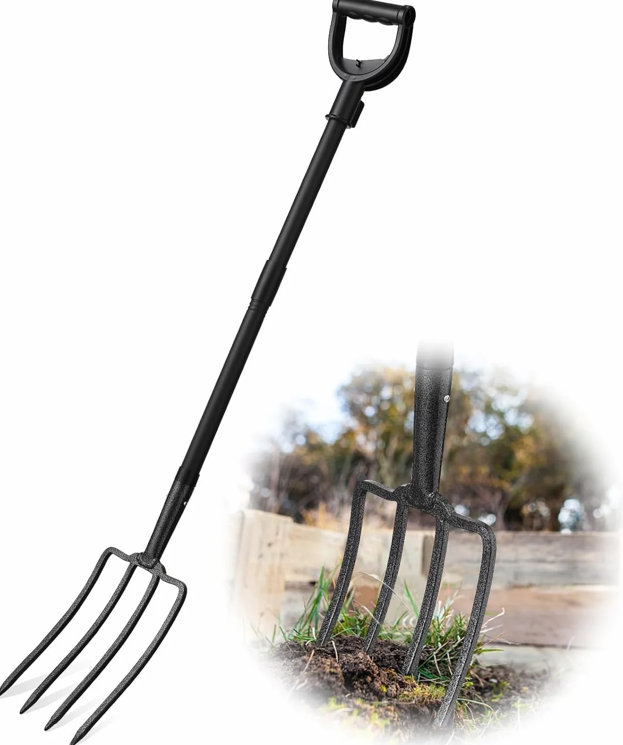 Horquilla de Pala, 127cm Horquilla de Excavación de Jardín de Acero de 4Dientes con Mango en D de Metal, 28cm Cabeza Forjada, Ideal para Suelos Duros y Trasplantes/Negro