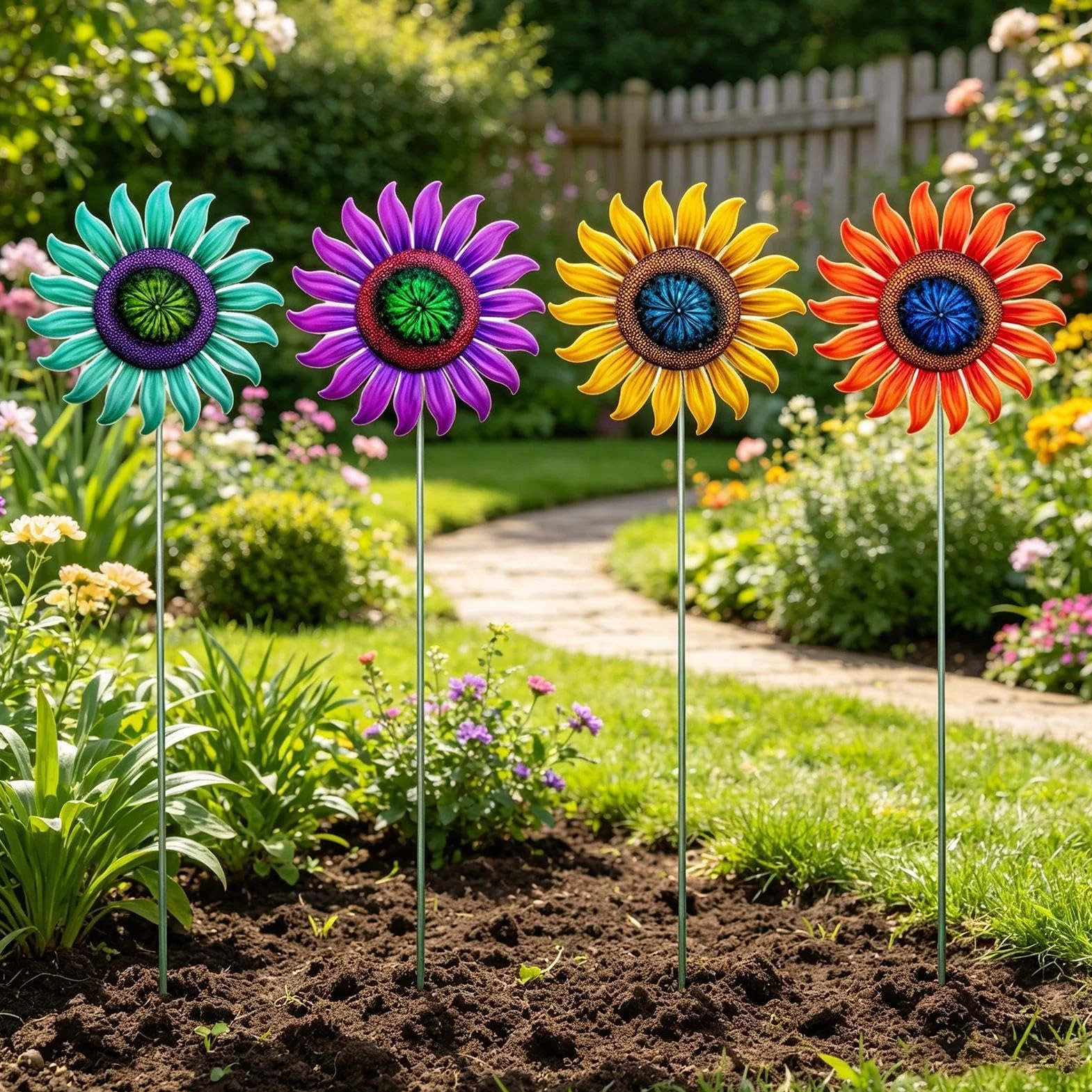 Genérico Estacas Florales Jardín - 4 Piezas De De Flores Metálicas De Colores | Decoraciones de Exterior Césped - para Jardín Césped Senderos Patios Patio Interior Valla Granja Hogar Paisaje