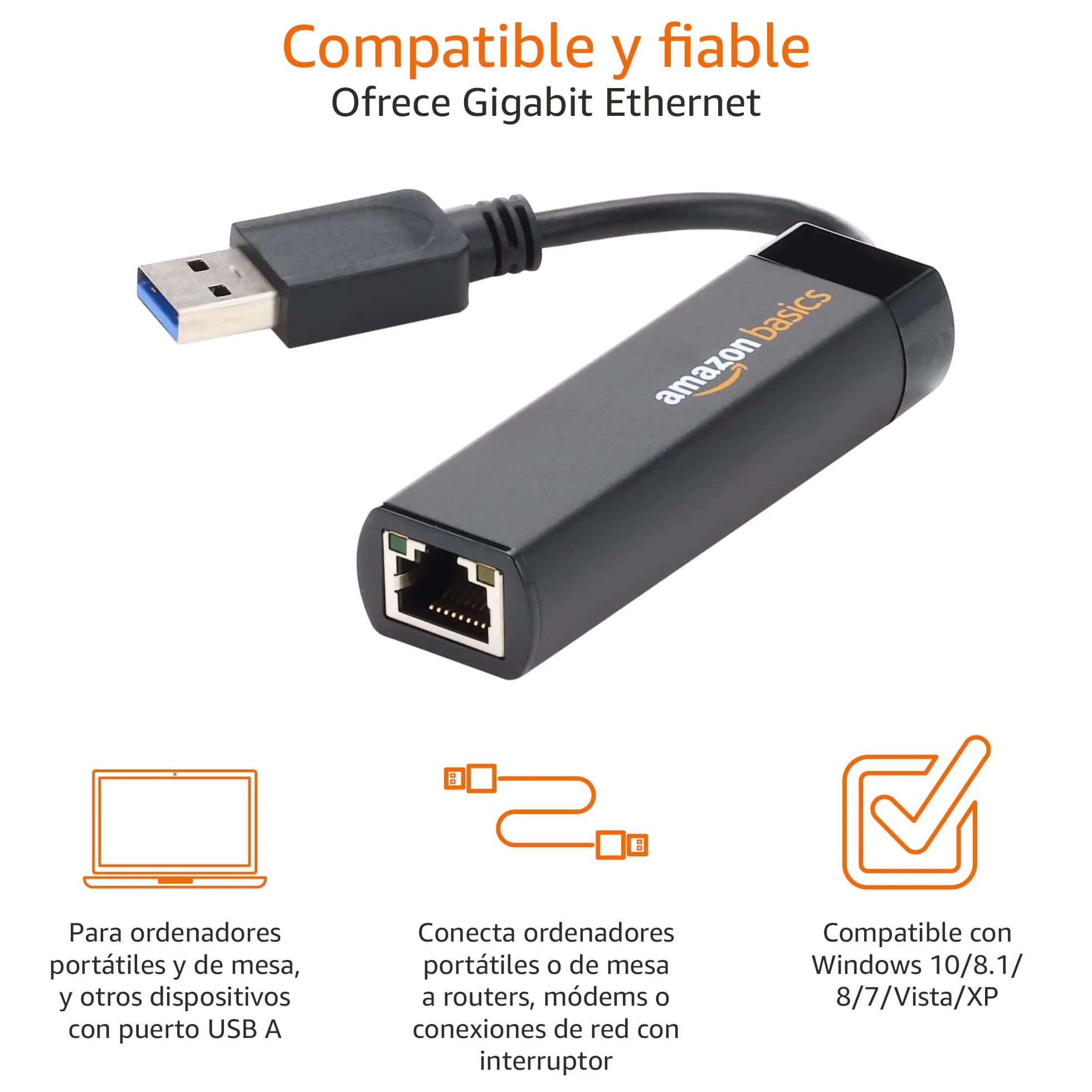 Amazon Basics Adaptador USB 3.0 a Gigabit Ethernet 10/100/1000 Negro