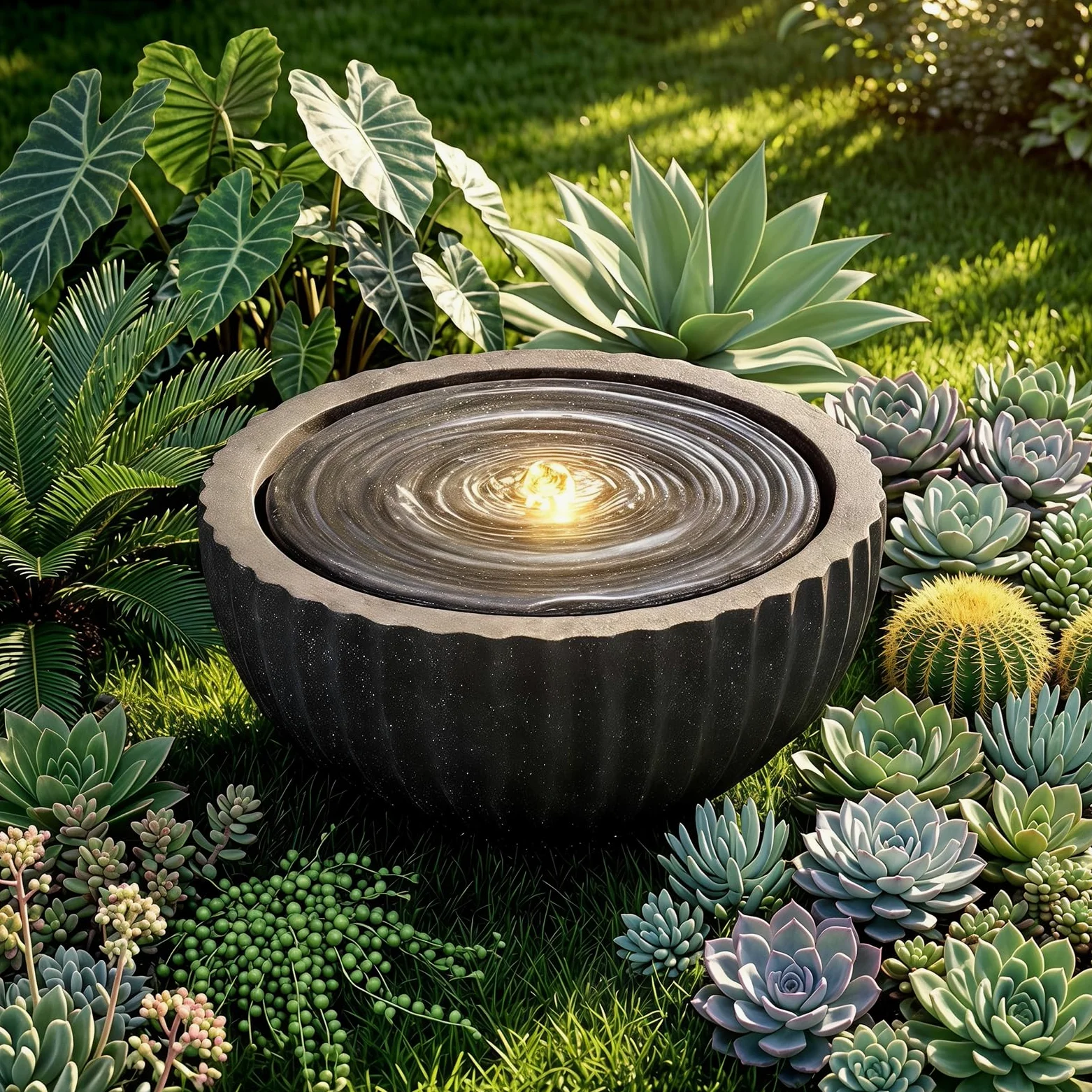 GYMAX Fuente de Jardín Redonda,Fuente Decorativa | Fuente de Agua con Iluminación LED, Bomba Ajustable y Resina Resistente para Salón, Patio y Terraza, 45 x 23,5 cm