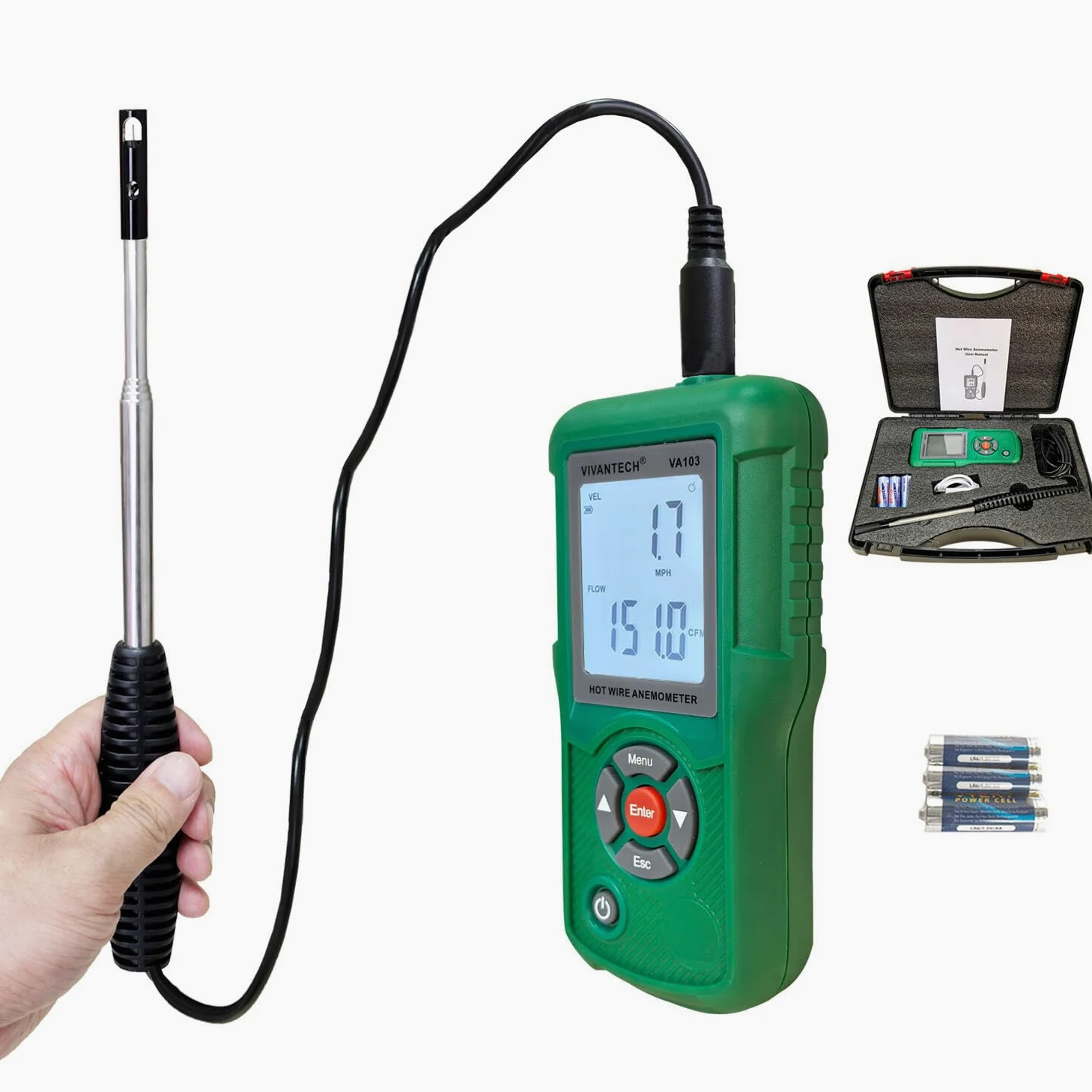 Anemómetro de alambre caliente de grado profesional con pantalla LCD retroiluminada, medidor de flujo de aire preciso para HVAC, conductos y sistemas de ventilación, medidor de velocidad del