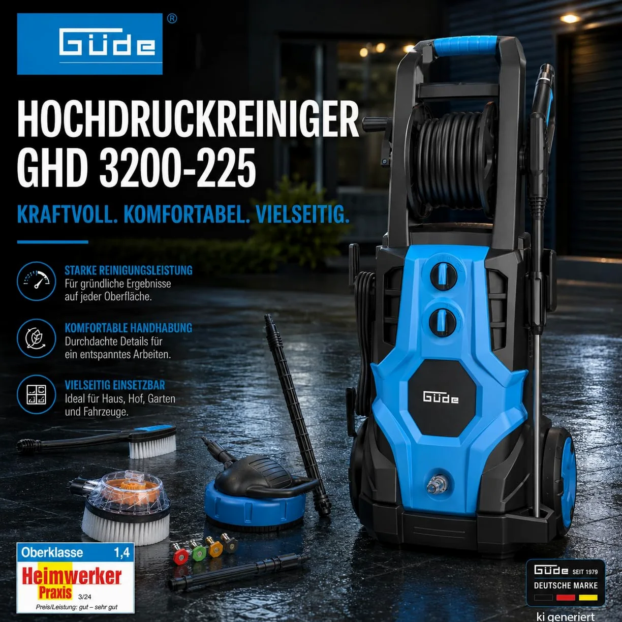 Güde Lavadora de Alta presión GHD 3200-225 (230 V, 3200 W, 225 Bar máx. presión, 540 l/h máx. de elevación., Manguera y Tambor HD de 6 m, Pistola HD con 4 boquillas, ensuciador, Cepillo Triangular y