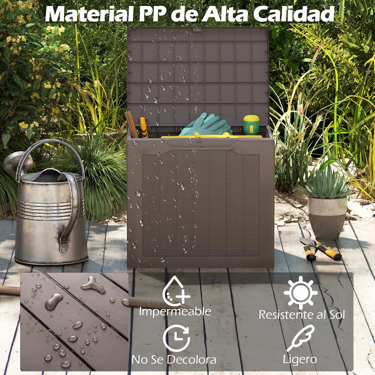 COSTWAY Arcón Jardin Exterior 96L, PP, Baul Almacenaje Exterior con Tapa Cerradura, Caja de Almacenamiento para Patio, 56 x 41 x 50,5 cm, Carga 150kg Terraza Balcón (café)