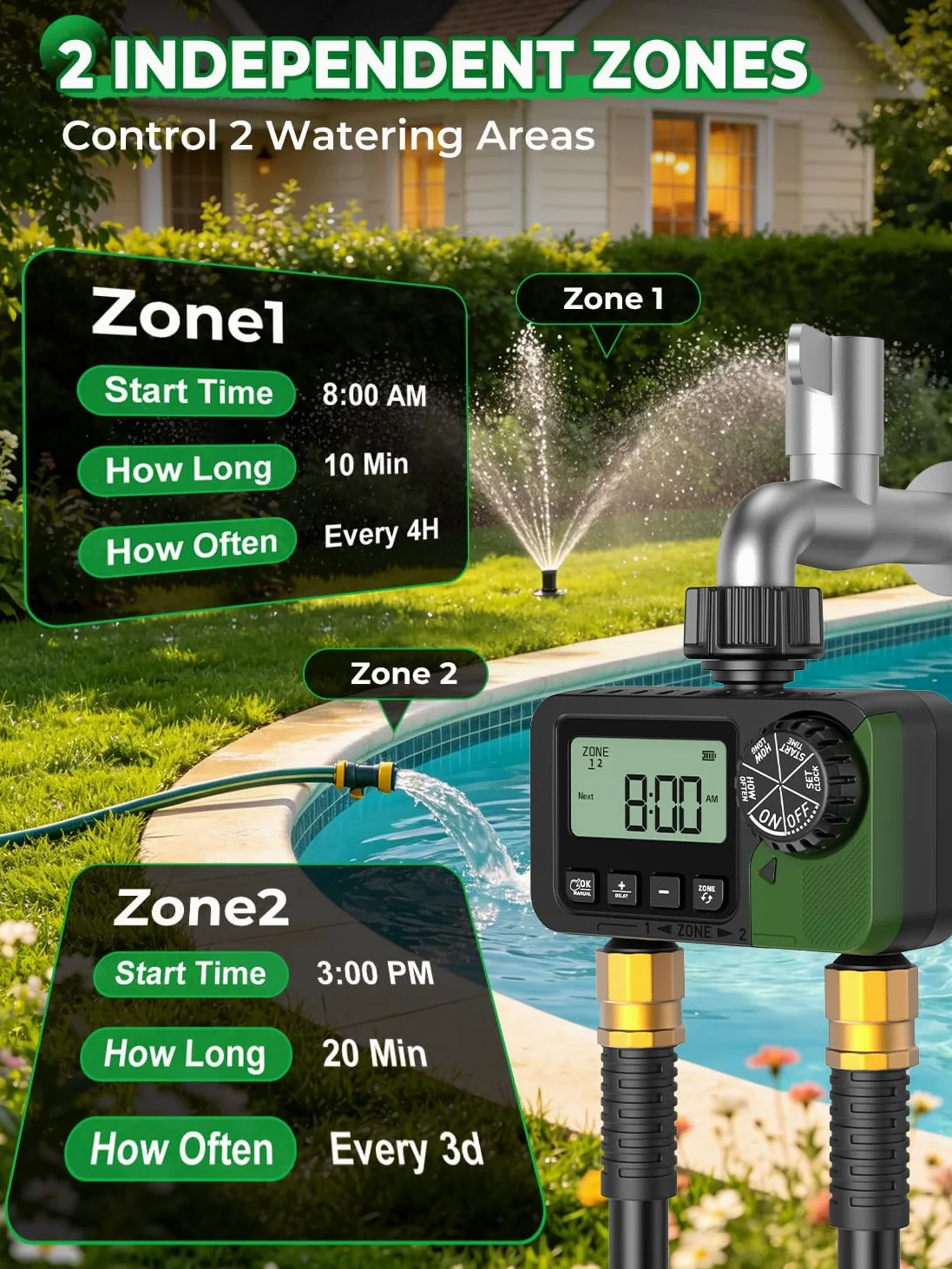 Temporizador de aspersor de 2 tomas, temporizador programable de manguera de agua con retardo de lluvia/sistema de riego manual/automático, riego automático digital al aire libre para jardín, patio