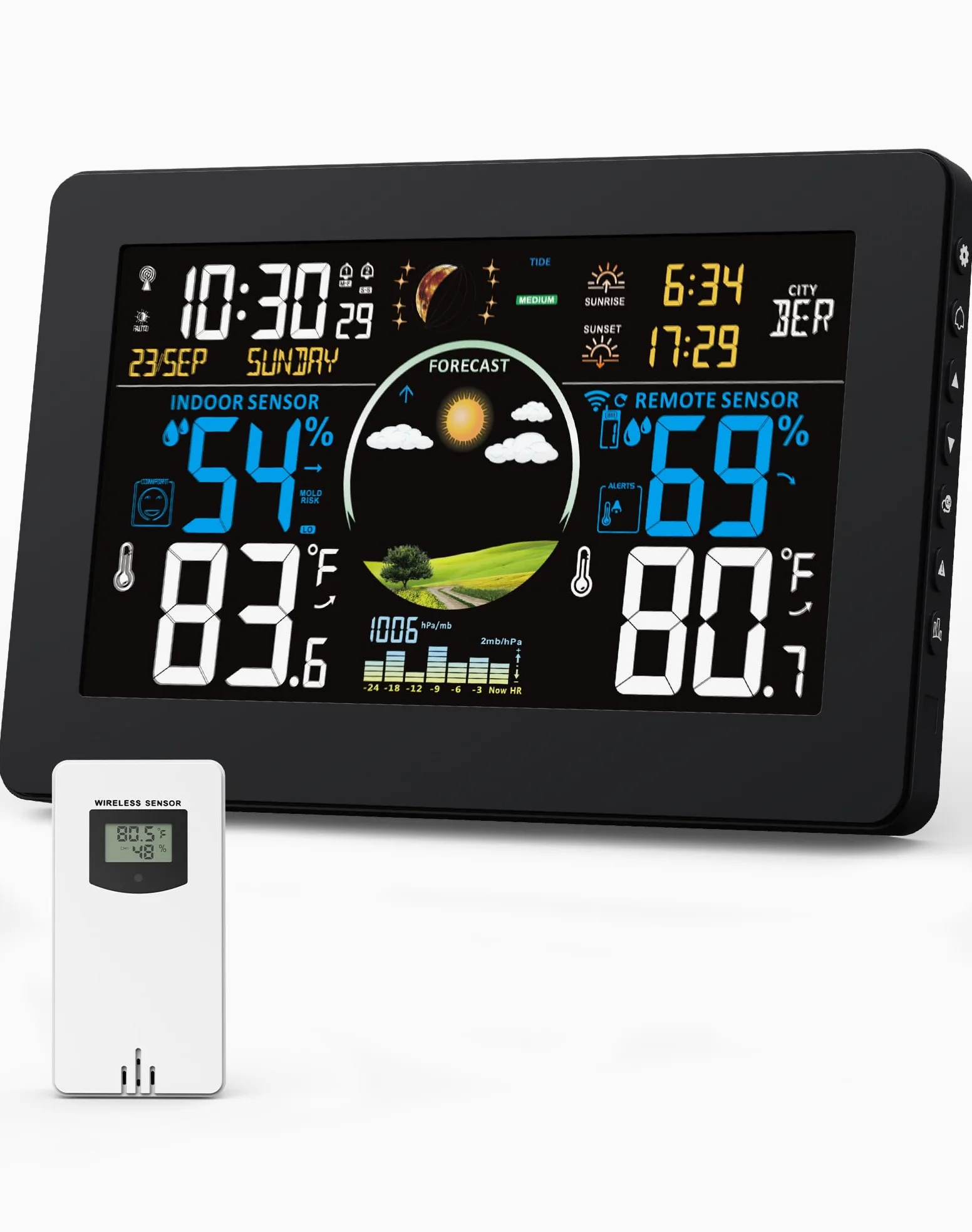 Estación meteorológica inalámbrica para interiores y exteriores, pantalla VA de 7.5 pulgadas con sensor remoto, estación meteorológica para el hogar con pronóstico del tiempo, temperatura