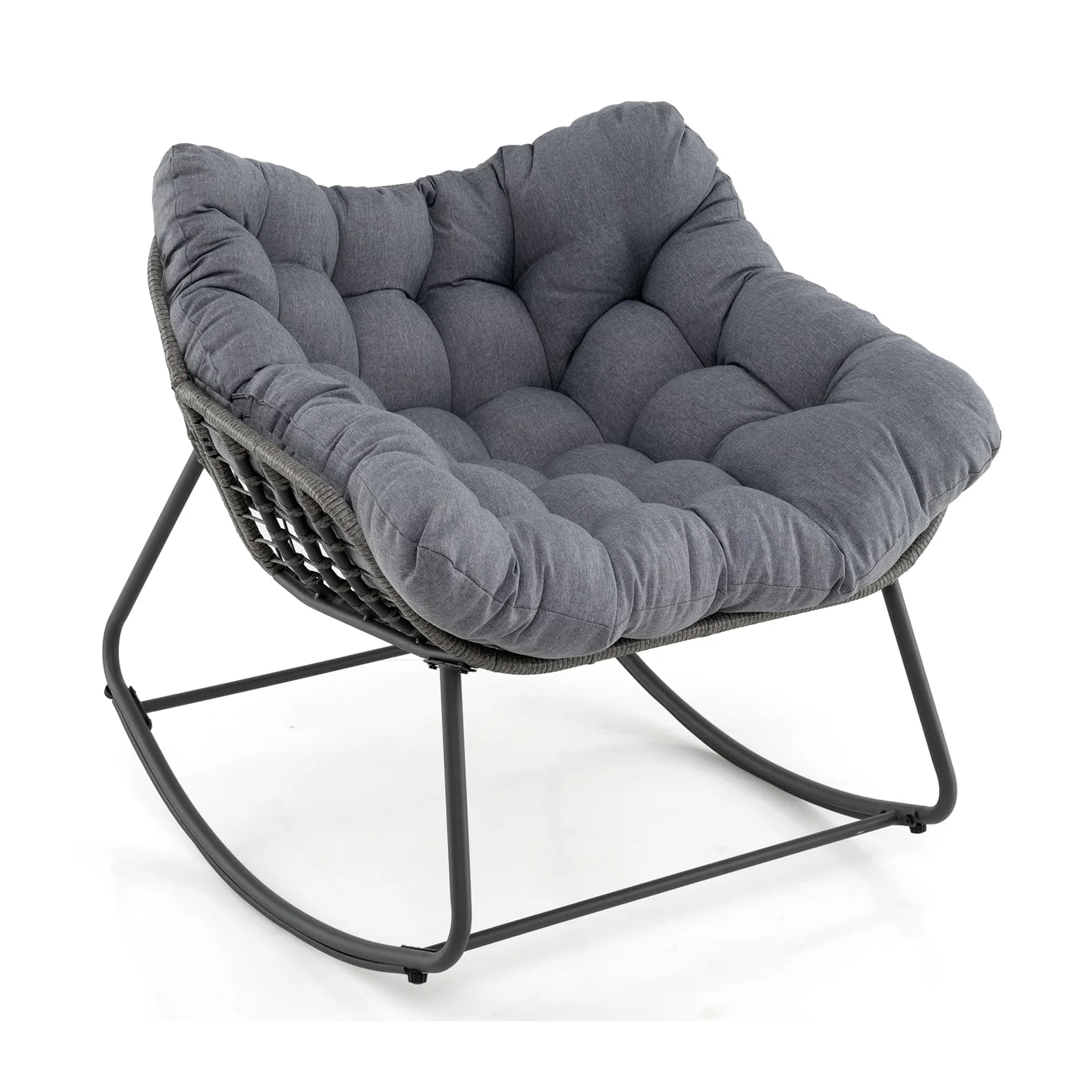 COSTWAY Silla Mecedora para Exteriores, Silla de Huevo de Mimbre PE de Gran Tamaño con Cojín Grueso y Extraíble, Silla de Ratán con Estructura Metálica Resistente para Salon, Balcón, Jardín (Gris)