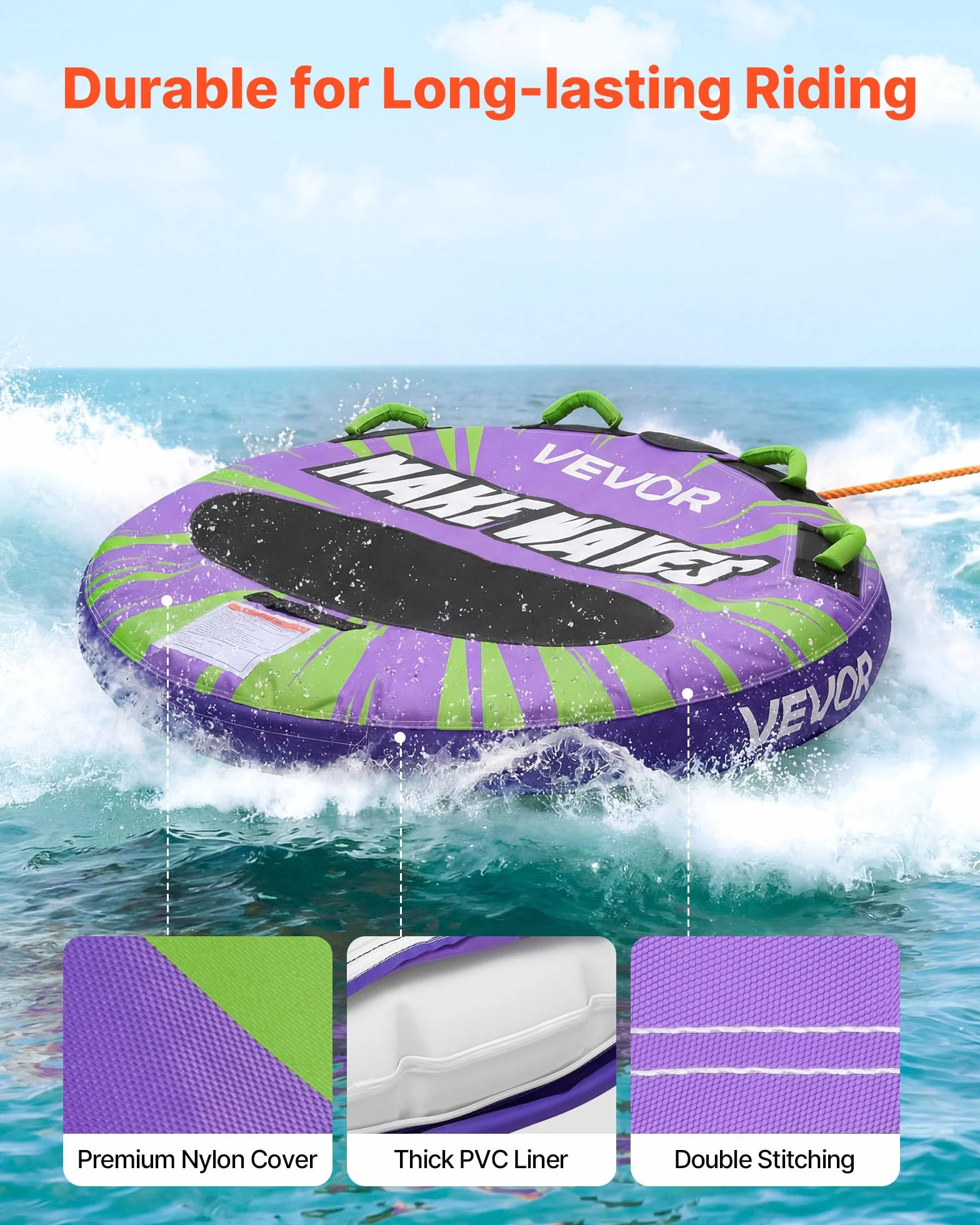 VEVOR Flotador de Arrastre Inflable 130 cm, Deportes Acuáticos, 2 Personas, 154 kg, Almohadilla Antideslizante, Morado