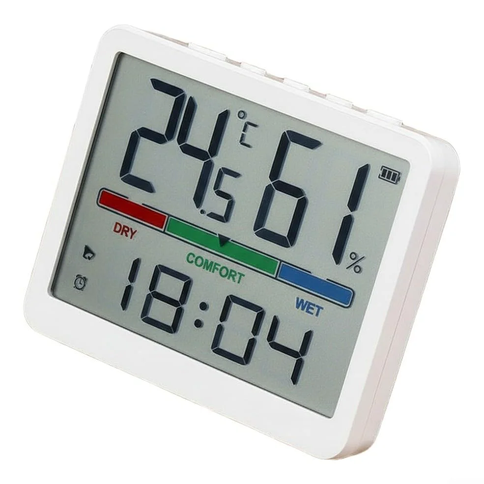 Reloj de pared digital LCD con monitor de temperatura y humedad, termohigrómetro interior con alarma, escritorio compacto o pantalla de hora montada en la pared para oficina en casa, blanco