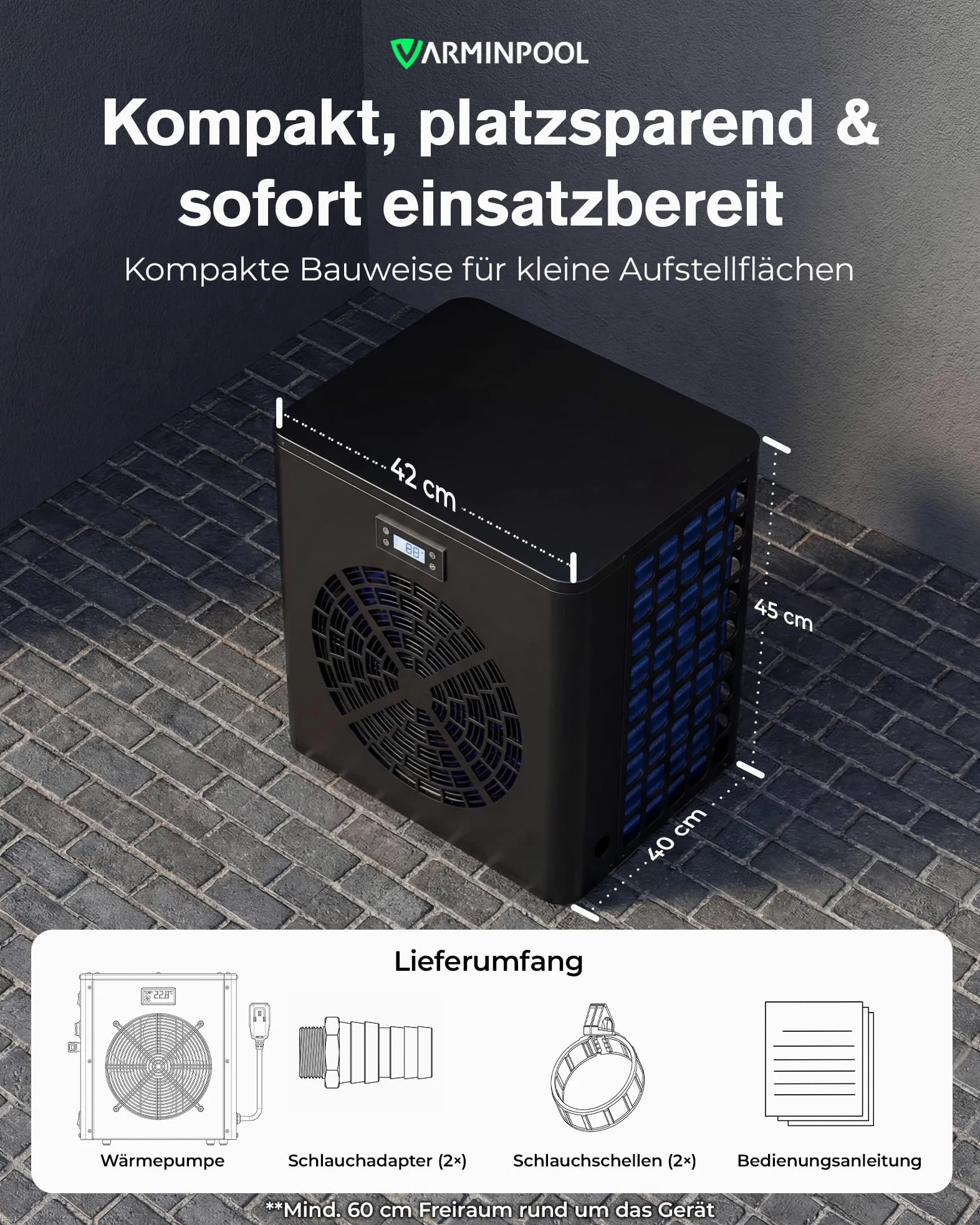 Bomba de calor para piscina de 5,4 kW, calefacción de piscina de bajo consumo para piscinas pequeñas de hasta 20 m³, COP 5,5, silencioso, intercambiador de calor de titanio, control por