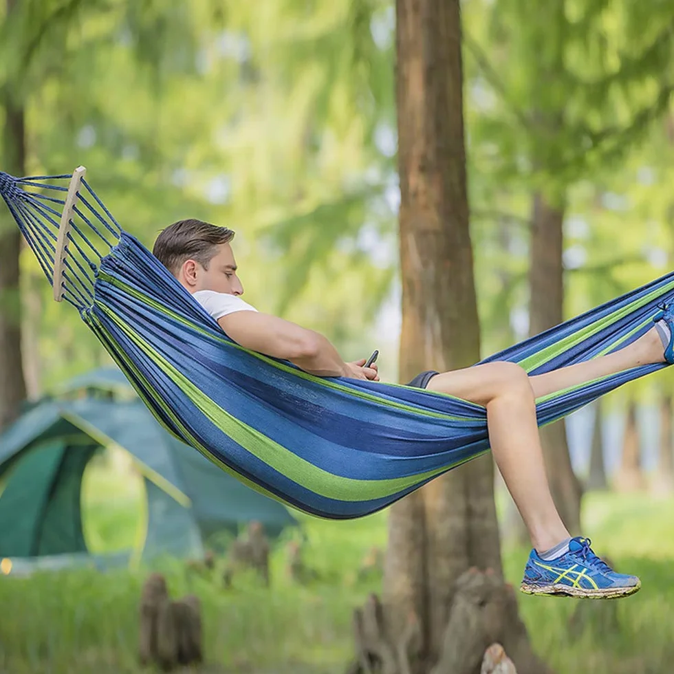 Hamacas Dobles, Hamacas Colgantes Jardin al Aire Libre Cama Portátil de Lona con Cuerdas para Acampar Capacidad de 300kg, para Jardín Patio Trasero Playa Mochileros,280 x 150 cm,Azul