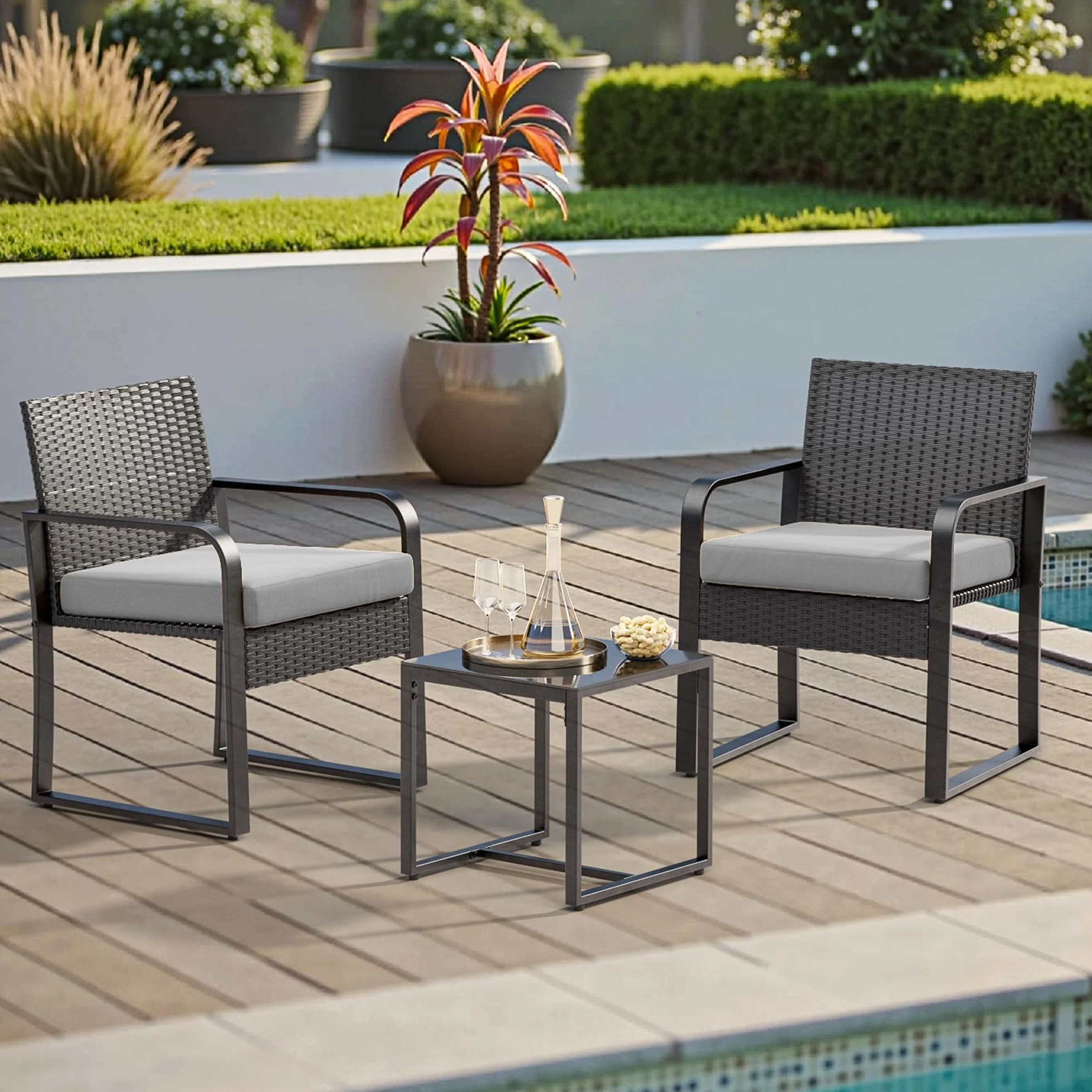 Bealife Juego de Muebles de Jardín de Ratán para 2 Personas, Exterior, Balcón Pequeño, Gris