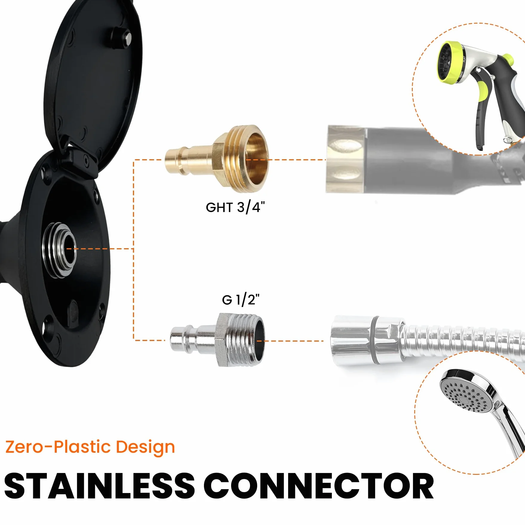Puerto de pulverización de conexión rápida totalmente metálico para RV con adaptadores G1/2 pulgadas y GHT de 3/4 pulgadas, conexión de agua exterior para caravana y remolque, conector rápido de acero