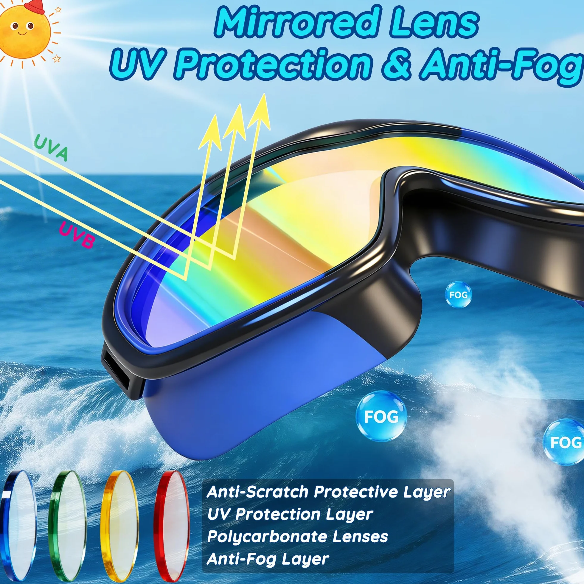 MOMUSE Gafas Piscina Niños 2PCS, Protección UV Antifog, Gafas Buceo Niño Anti Fugas
