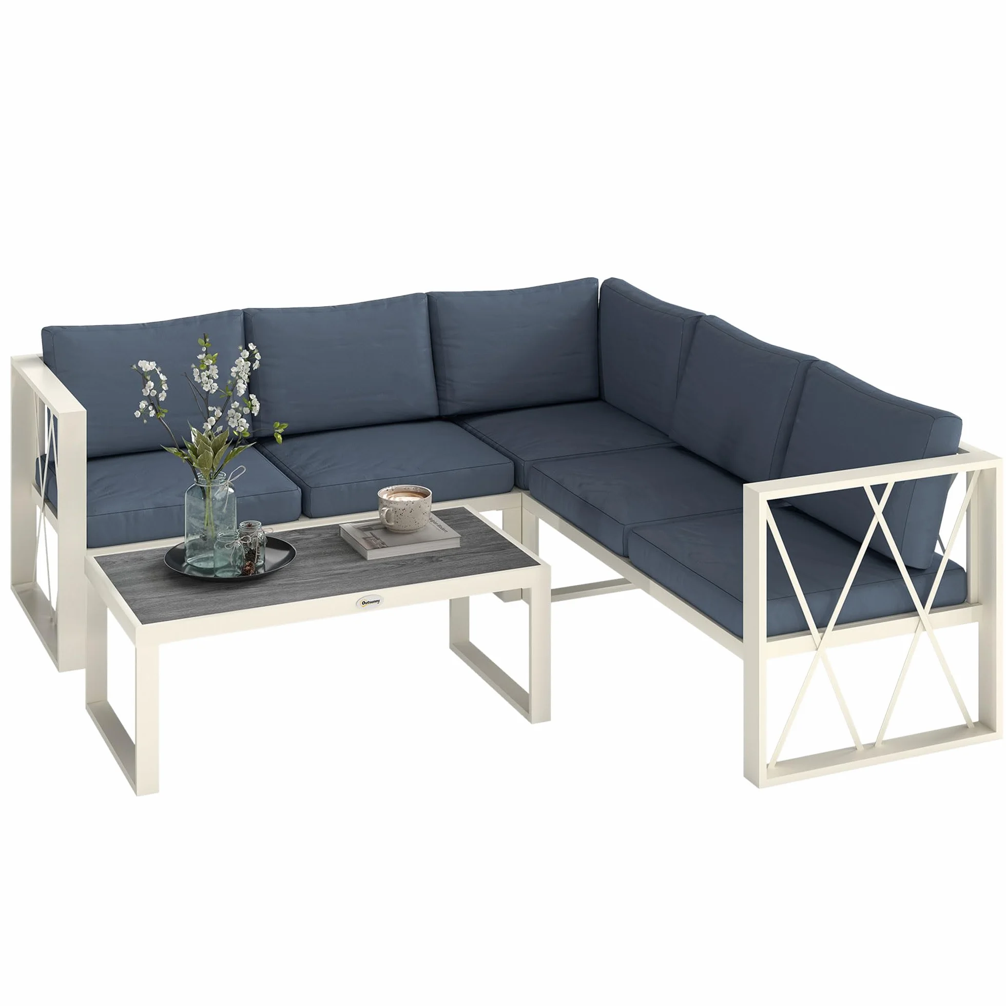Outsunny Conjunto de Muebles Jardín Exterior de 4 Piezas Sofá Exterior Seccional Forma de L con 2 Sofás de 2 Plazas Sofá de Esquina con Asiento Ajustable y Mesa Centro de DPC con Cojines Beige y Gris