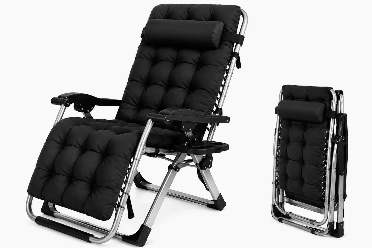 Silla Gravedad Cero Reclinable Plegable con Bloqueo Metálico Reforzado, Tumbona Jardín Exterior Acolchada con Reposacabezas Ajustable y Portavasos, para Terraza, Piscina, Playa y Camping (Negro)
