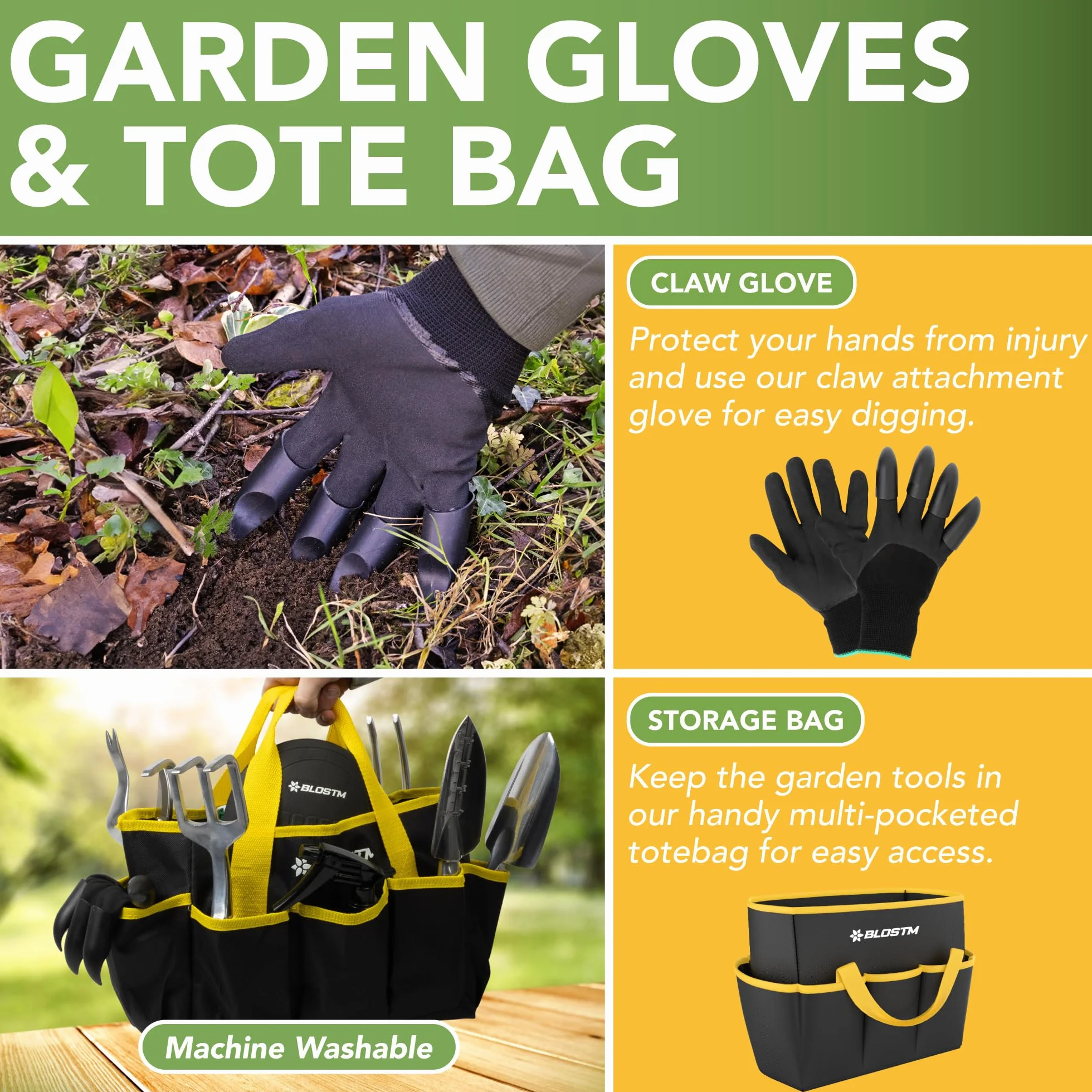 BLOSTM - Juego de herramientas para jardinería (11 piezas, herramientas de jardín, resistentes con bolsa de transporte impermeable, asas ergonómicas, pequeña pala jardinería, herramientas – Kit de