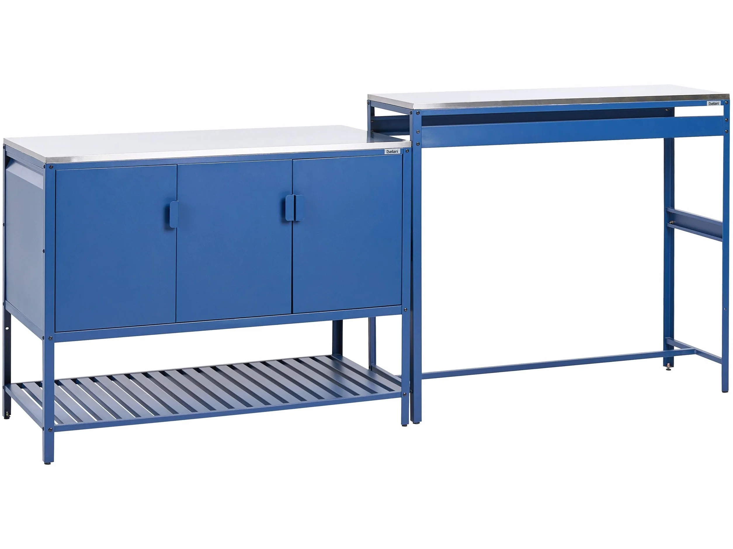 Beliani Conjunto de Armario de Cocina y Mesa de Bar para Exterior de Acero 3 Puertas encimera de Acero Inoxidable jardín Azul Maenza