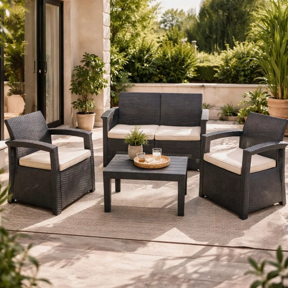 MUEBLIX.COM - Conjunto de Jardín Raeiros, Sofá de 2 Plazas más 2 Butacas y Mesa, Set de Muebles de Jardín Exterior para 4 Personas, Cojín de Tela, Polipropileno con Acabado Ratán, Gris