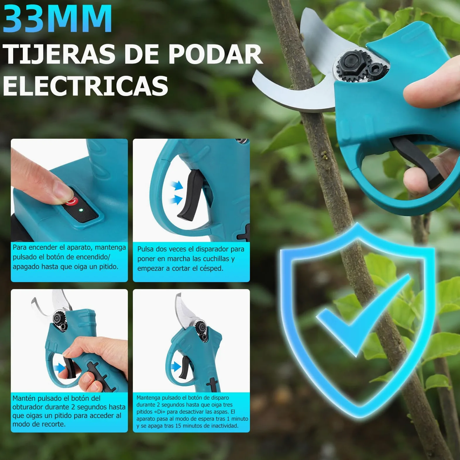 Tijeras de Podar Electricas,33mm 21V Potentes Tijeras de Podar con 2 x 2000mAh Baterías,1000W Larga Duración,Silenciosa,Podadoras Profesionales sin Escobillas para Jardinería,árboles Frutales,Viñedos