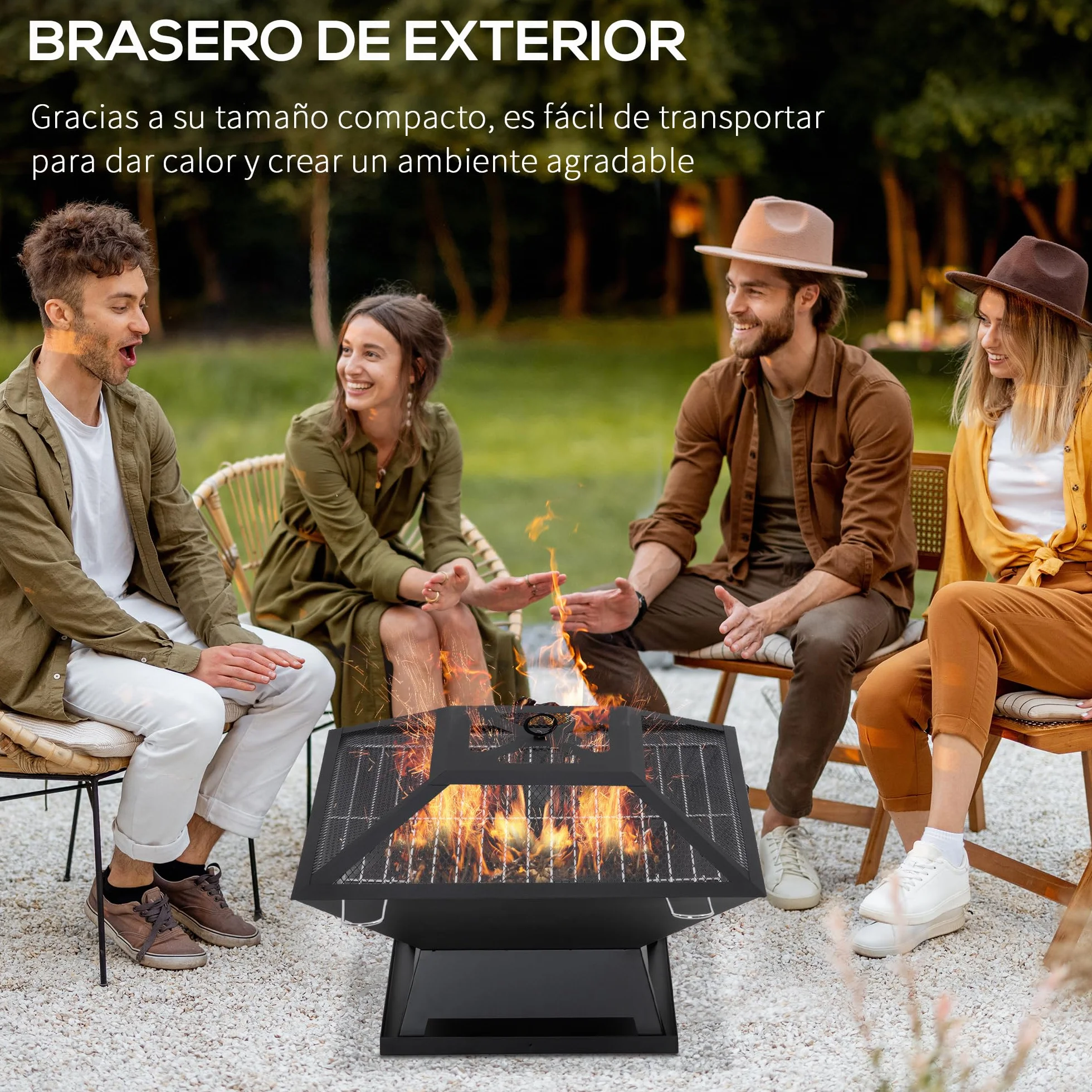Outsunny Brasero Exterior de Acero Pozo de Fuego para Jardín Multifuncional con Protector de Chispas y Atizador para Barbacoa Hogueras en Terraza Camping 45x45x34 cm Negro