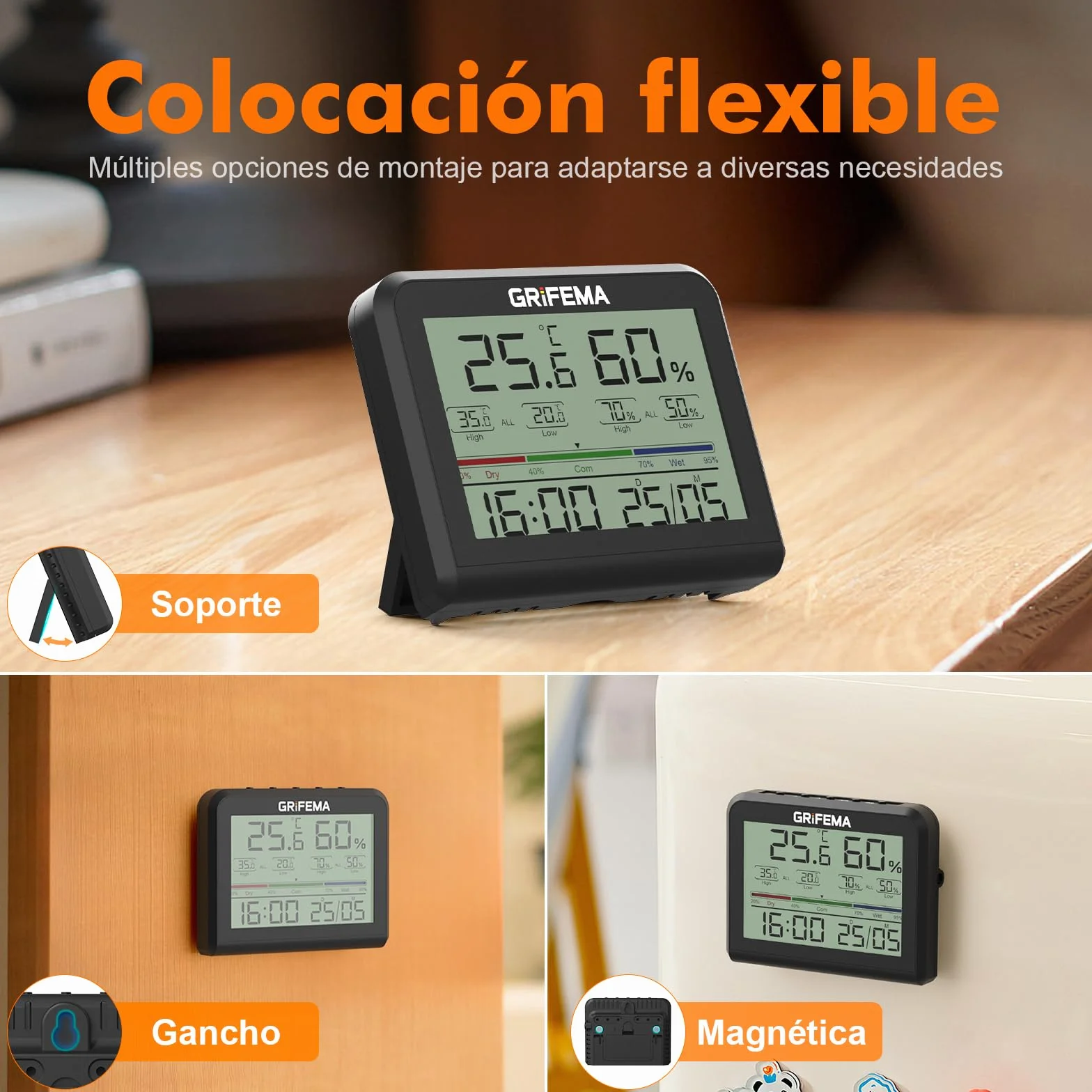 GRIFEMA GA2901B, Termómetro Digital Interior del Higrómetro, Digital Medidor de Humedad con Retroiluminación, Registro Máx/Mín, Reloj/Fecha, Ideal para Hogar/Invernadero, Negro