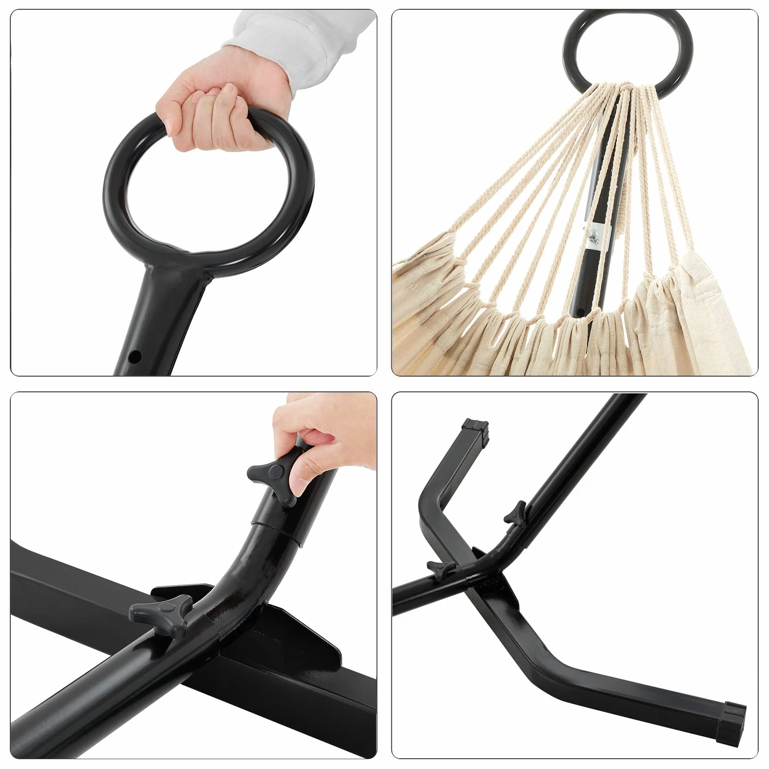 SONGMICS Hamaca con Soporte, Hamaca de 210 x 150 cm, 5 Alturas Ajustables, Portátil, Marco de Metal, Carga de 240 kg, para Patio, Jardín, Negro y Beige GHS001M01