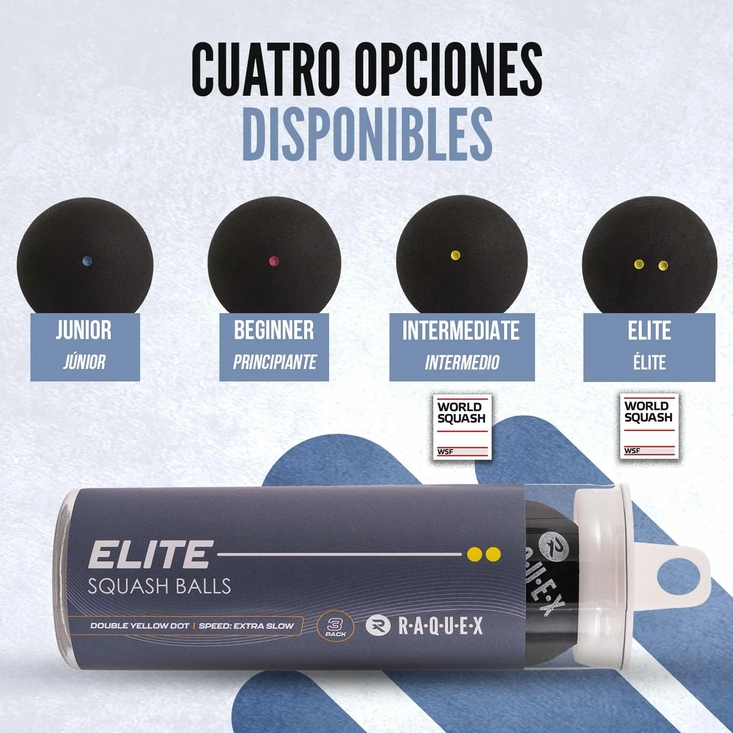 Pelotas de Squash Tubo de 3: 4 Velocidades Punto Amarillo Doble Competición, Amarillo Único Avanzado, Rojo Principiantes, Azul Júniors Aprobada WSF