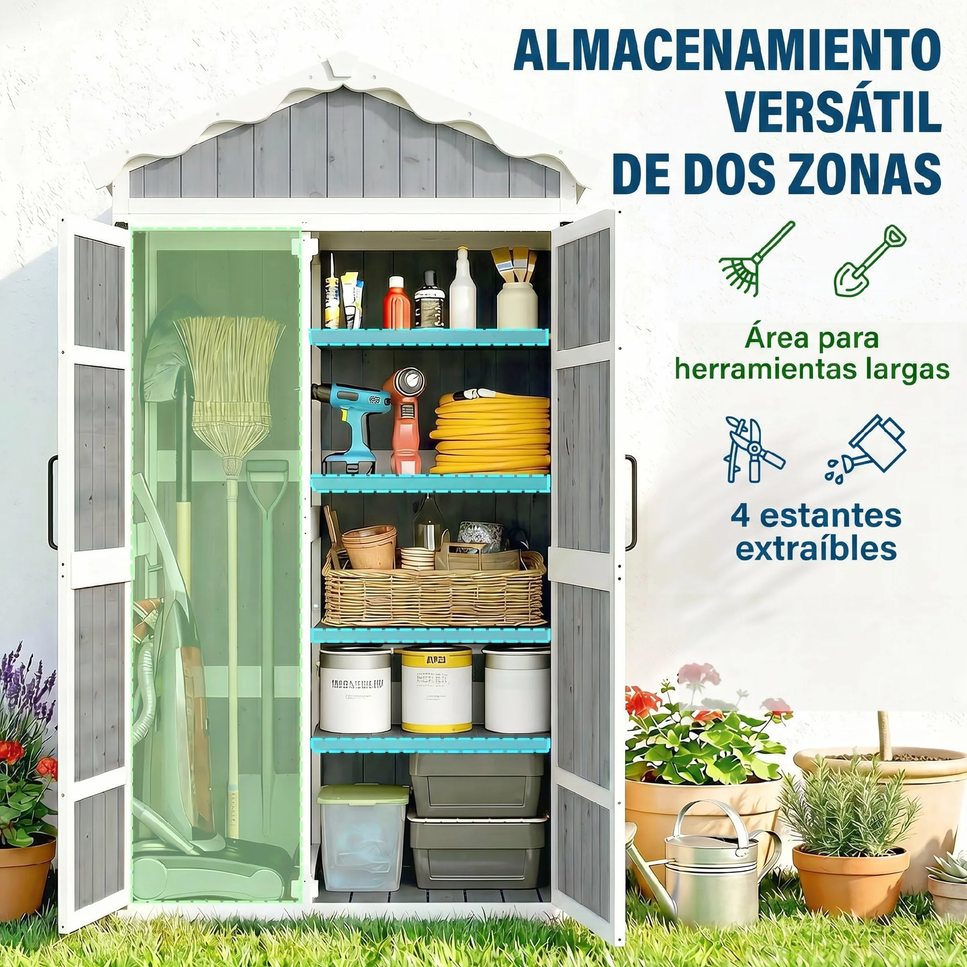 Outsunny Caseta de Jardín de Madera 105x55x179 cm Cobertizo Jardín Exterior Impermeable Armario Exterior Herramientas con Puertas 4 Estantes Extraíbles Techo Metal Galvanizado Pies Ajustables Gris