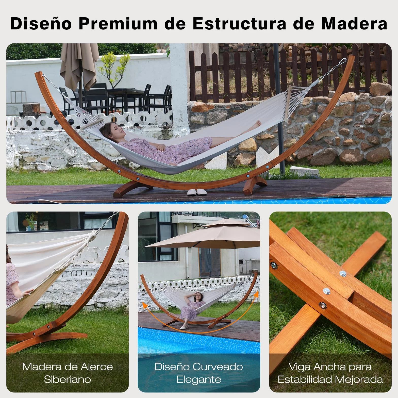 Hamaca con Soporte de Madera, Incluye 2 Hamacas, Carga 200 kg, 320x120x120 cm, Estructura Arqueada Estable de Madera, Altura Ajustable, para Jardín, Terraza y Balcón