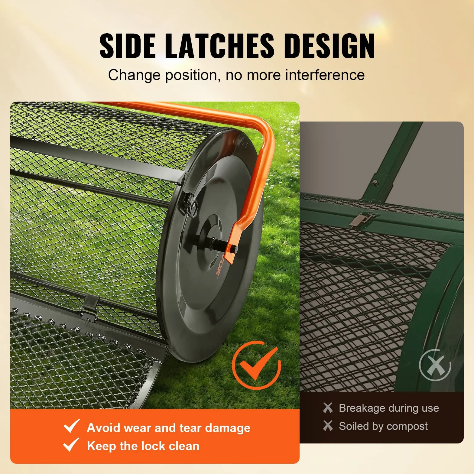 VEVOR Esparcidor de Abono Ancho de 61 cm Esparcidor de Turba y Musgo Mango Regulable en Altura 62,5-67,5 cm Cesta de Malla de Acero Cierres Laterales para Esparcir Estiércol Césped Jardín, Negro