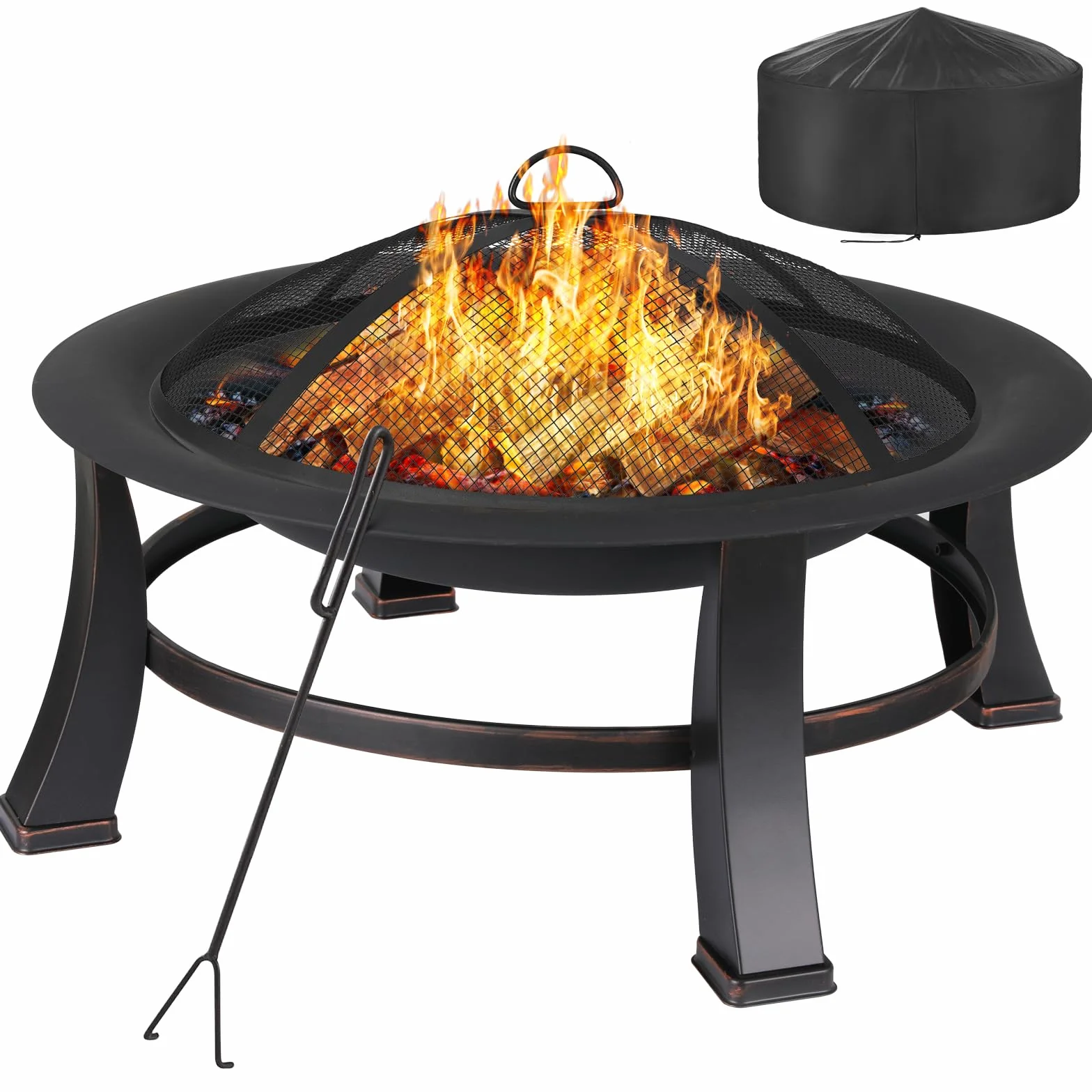 TLGREEN Brasero Exterieur Jardin, Ø 76 cm Pozo de Fuego con Protector de Chispas y Atizador, Brasero Barbacoa con Rejilla para Jardín y Terraza, Parrilla Brasero al Aire Libre de Aspecto Retro