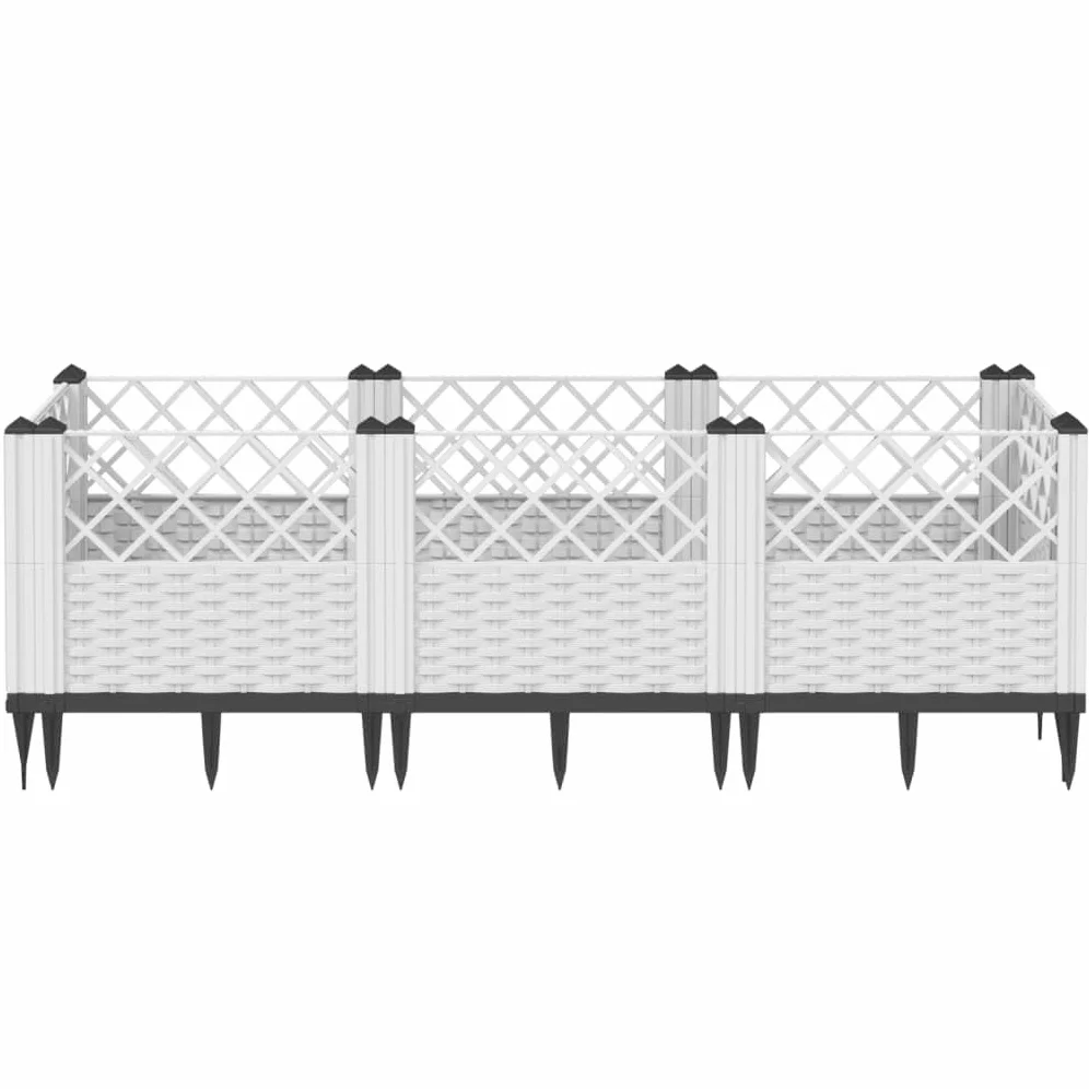 Jardinera con estacas, color blanco, 123,5 x 43,5 x 43,5 cm, bancal modular en aspecto de ratán, de plástico resistente, para jardín, terraza y balcón, 8 elementos