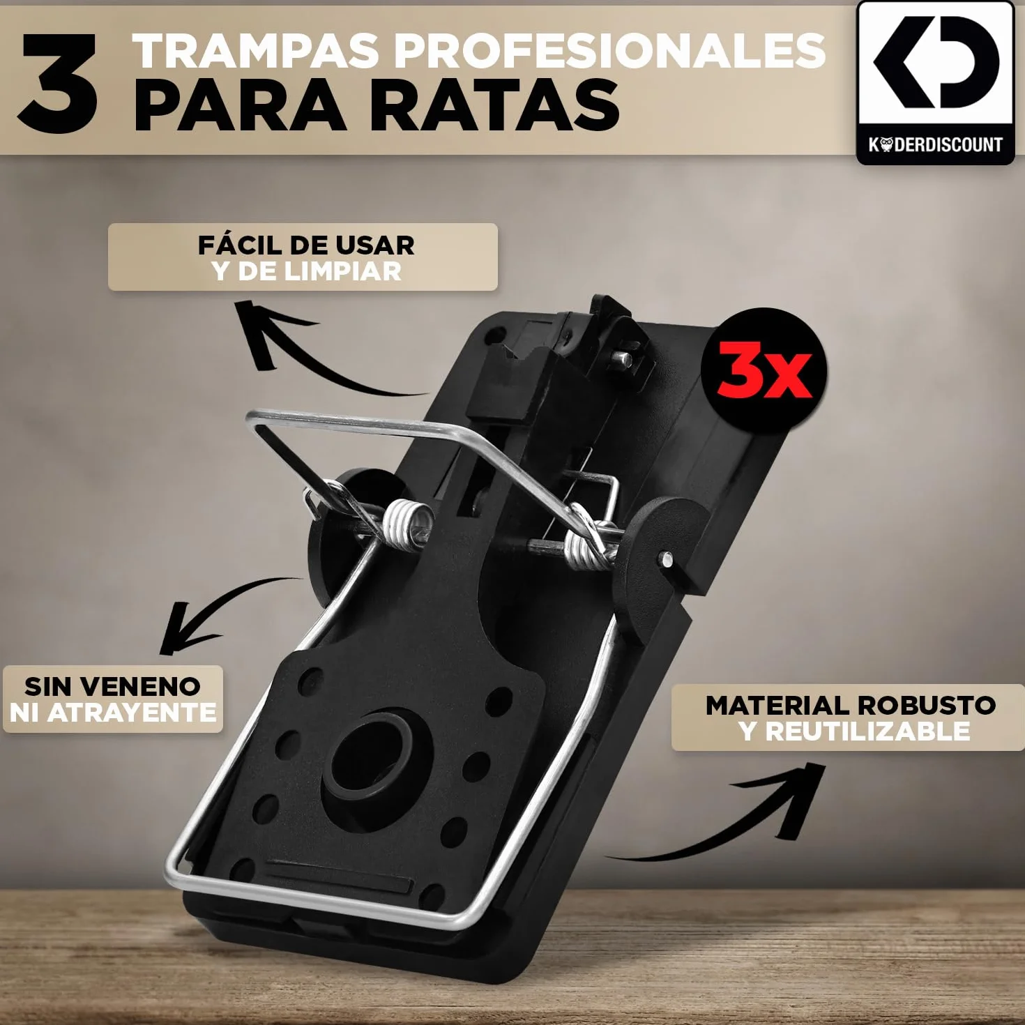 Trampa para Ratas Profesional (Pack de 3) – Trampas mecánicas potentes y reutilizables, sin veneno – Trampa higiénica para ratas para interior y exterior