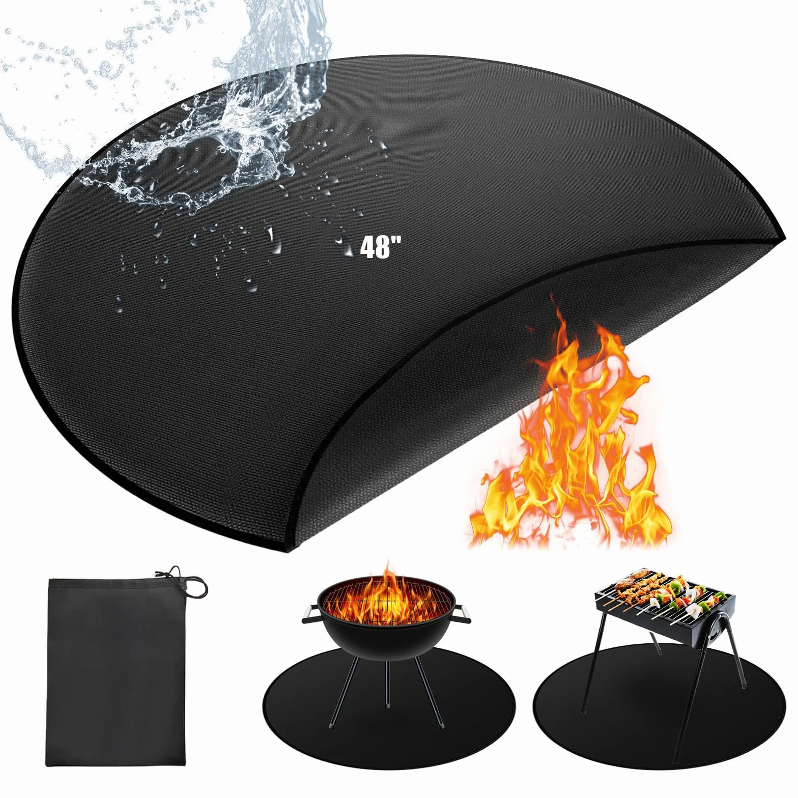 120cm/48”Redondo Alfombra Ignifuga，Reutilizable Alfombra Barbacoa Exterior Alfombra Chimenea Ignifuga Alfombra Ignífuga Plegable Grande Para BBQ Suelo Camping Brasero Exterior